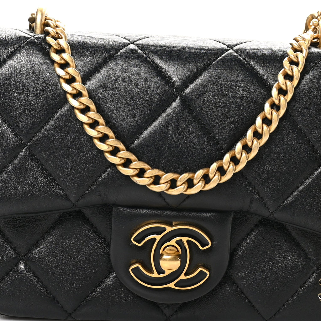 Chanel Lambskin Enamel Quilted Mini Pending CC Square Flap Black