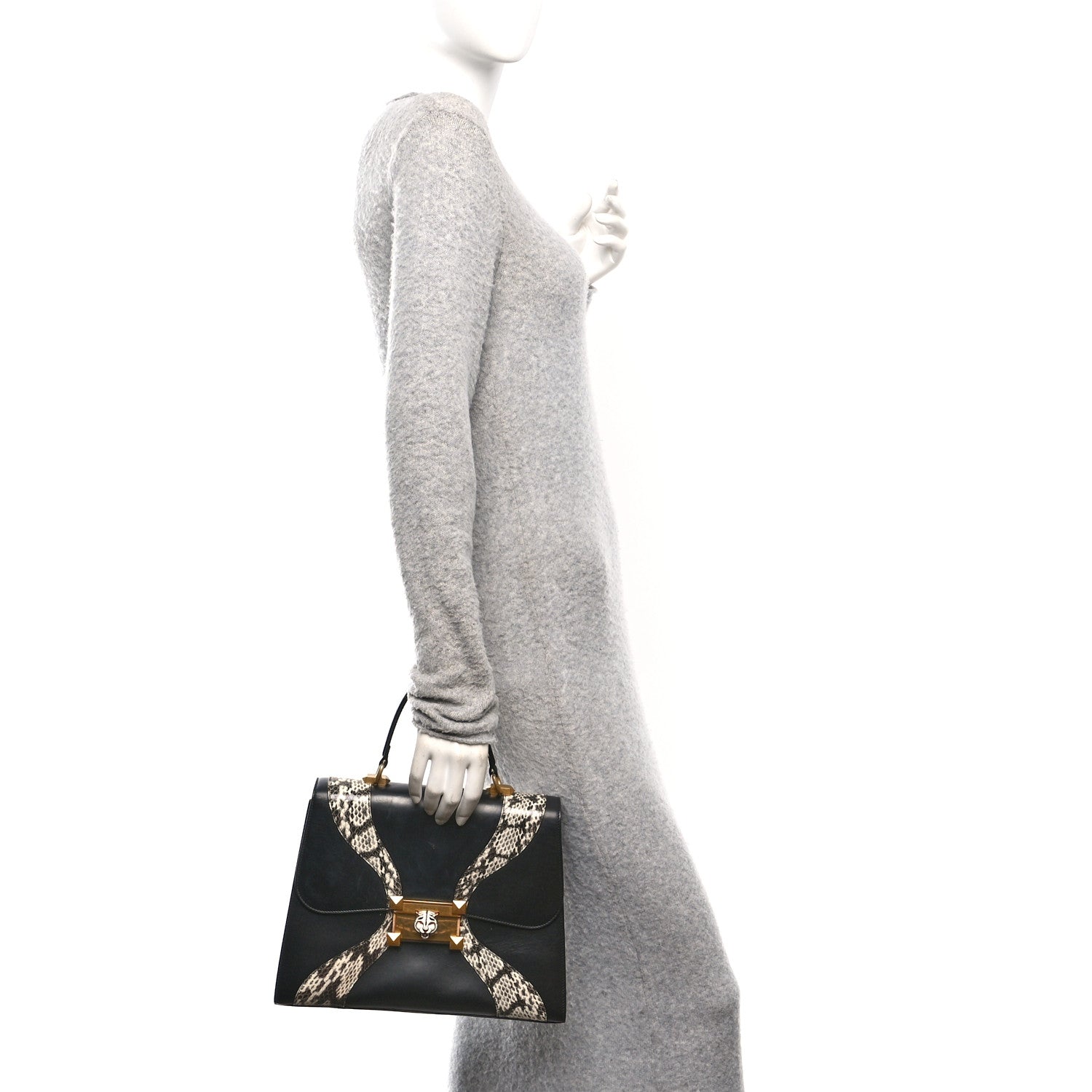 Gucci Calfskin Snakeskin GG Supreme Monogram Medium Osiride Top Handle Bag Black