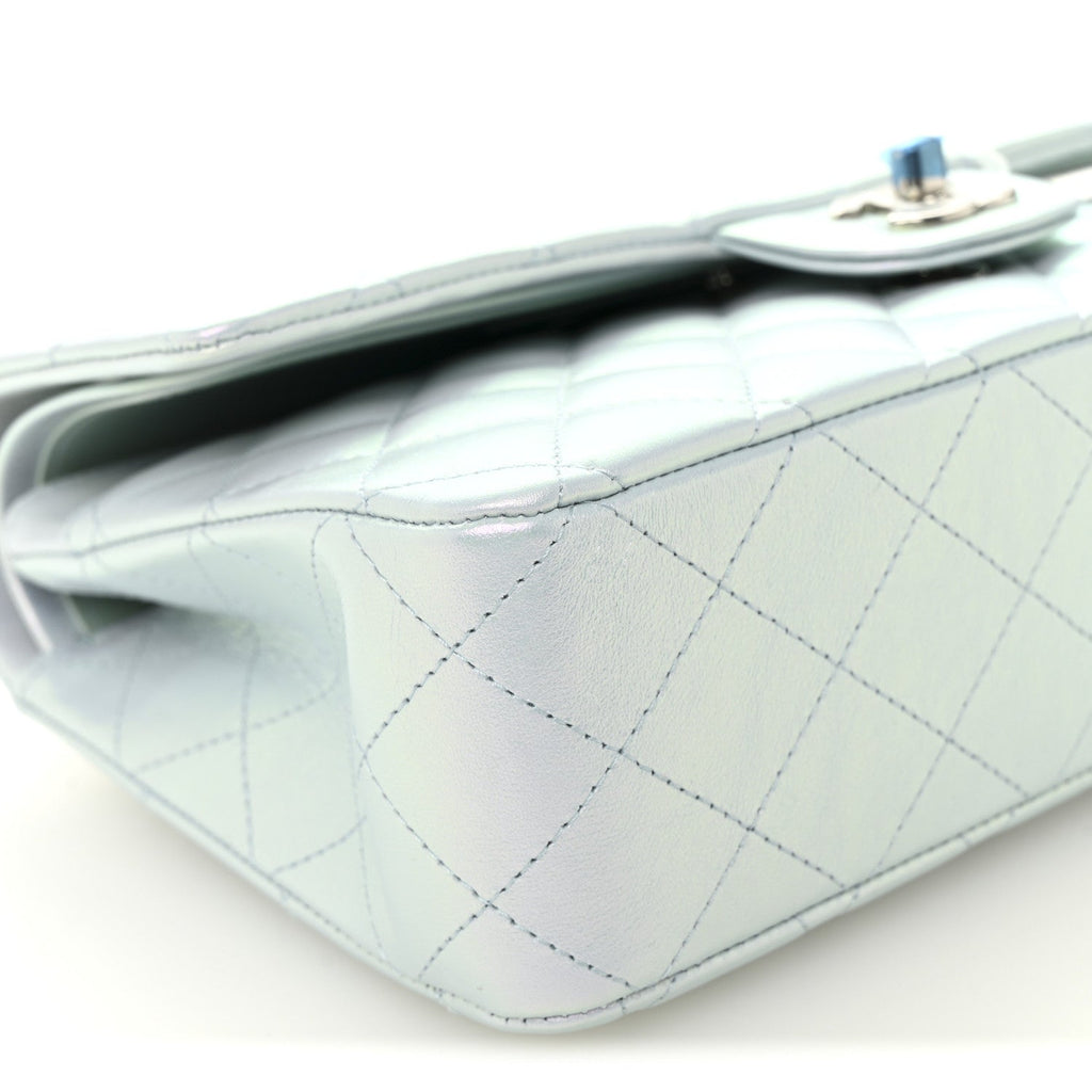 Chanel Iridescent Calfskin Quilted Medium Double Flap Light Blue
