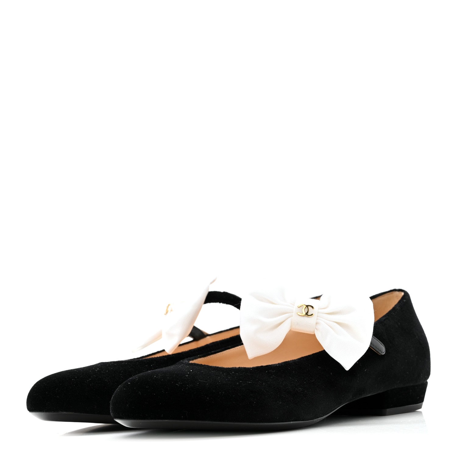 Chanel Velvet Grosgrain Bow Mary Jane Flats 38 Black White
