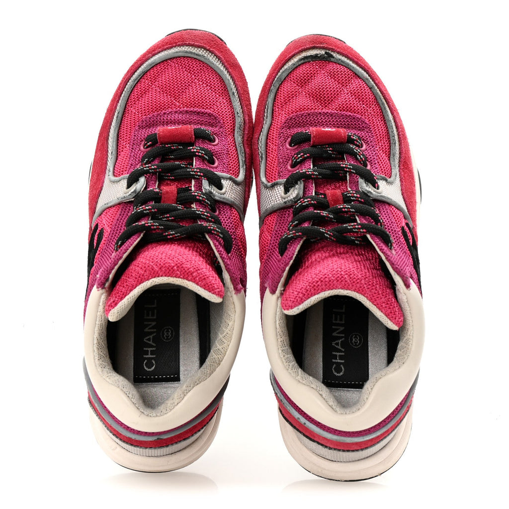 Mesh Suede Calfskin Womens CC Sneakers 35 Dark Pink Silver