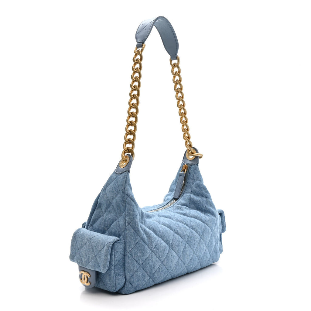 Chanel Washed Denim Quilted Large Trendy Pockets Hobo Blue