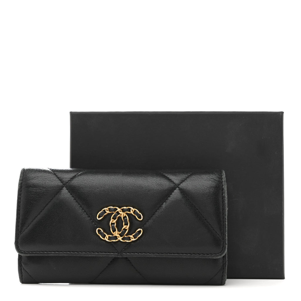 Chanel Shiny Goatskin Quilted Chanel 19 Flap Wallet Black