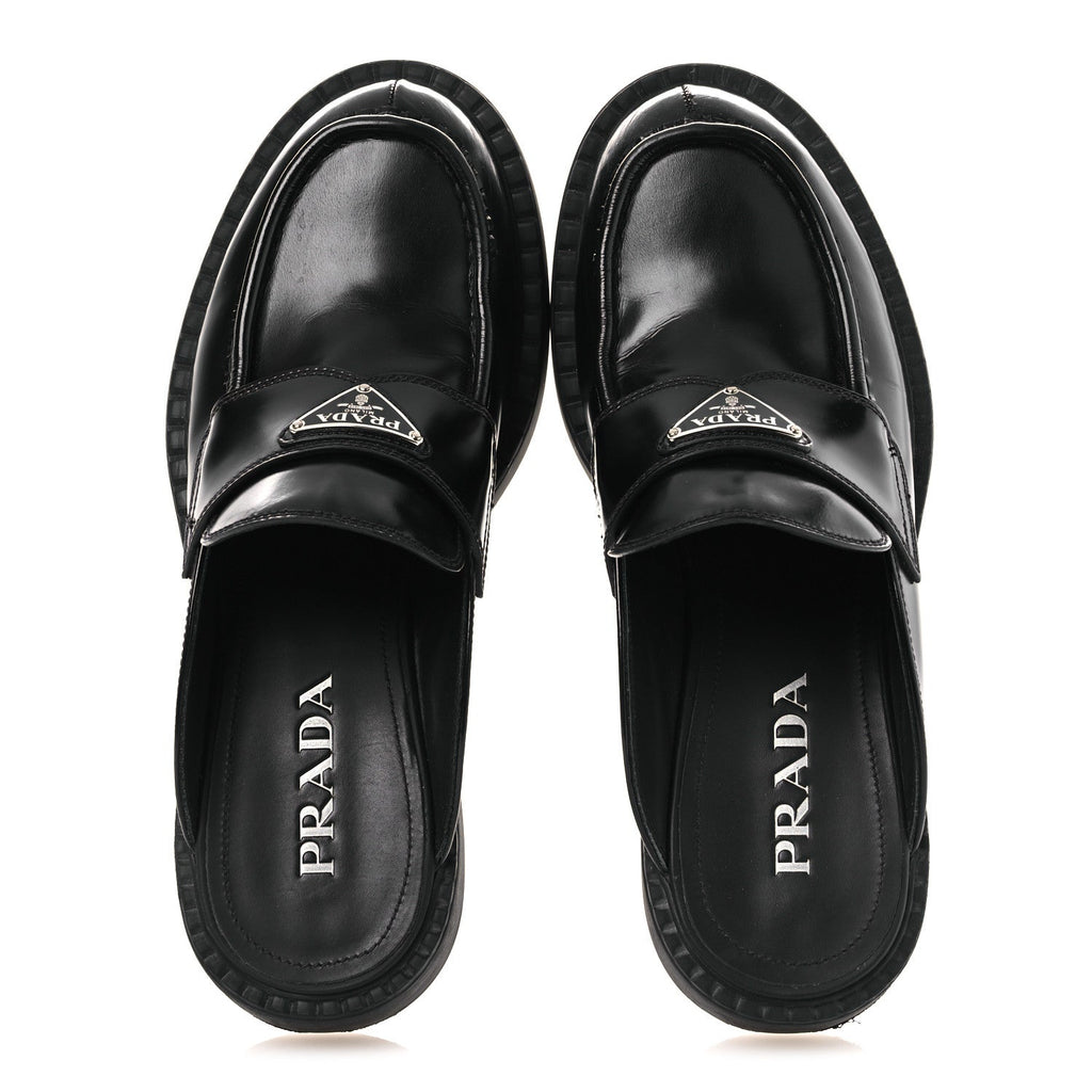 Prada Spazzolato Triangle 40mm Loafer Mules 37 Black