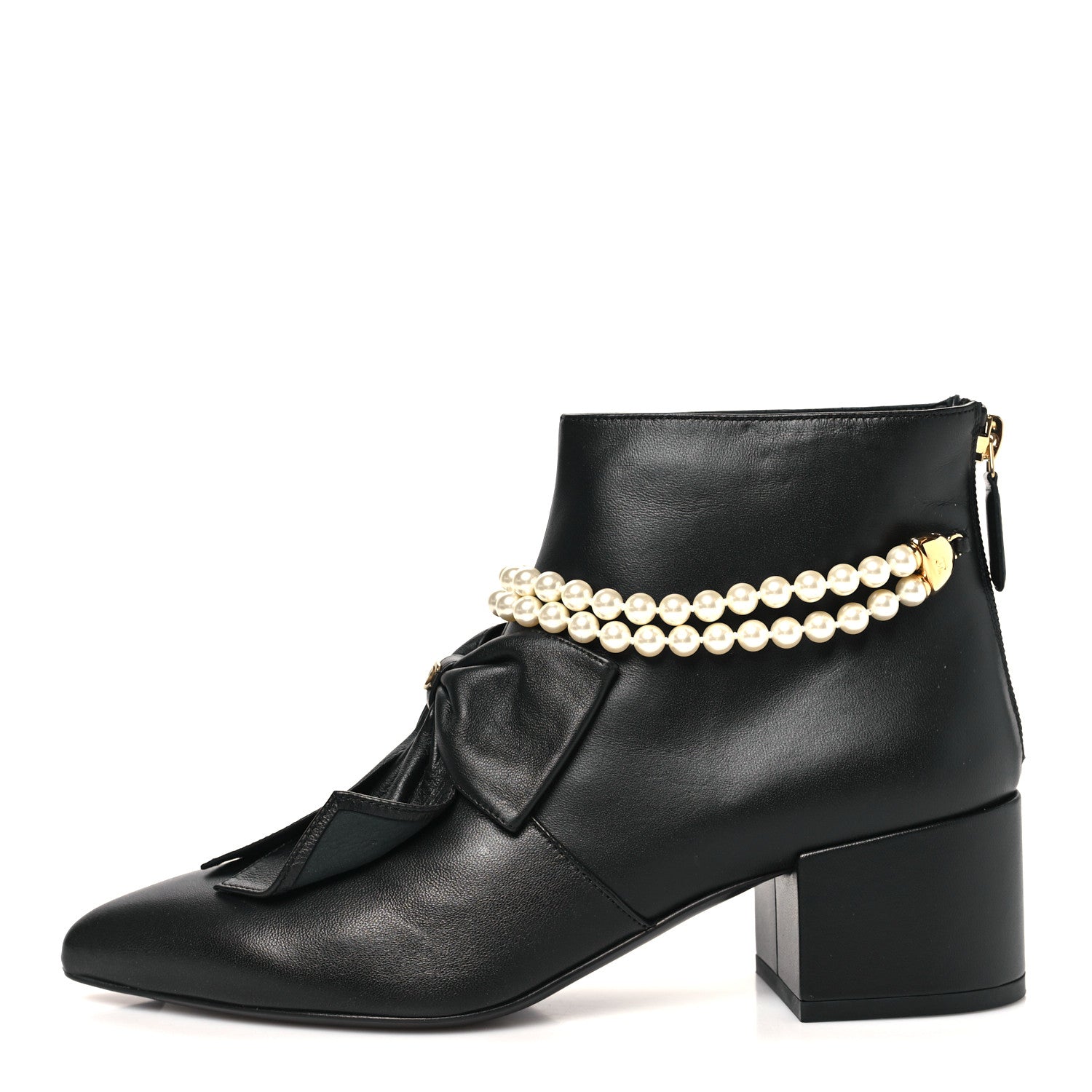 Lambskin Pearl Bow Short Boots 37.5 Black
