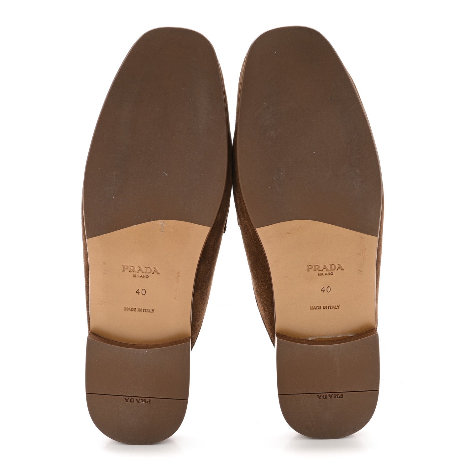 Prada Suede Metal Triangle Logo 10mm Loafer Mules 40 Cannella