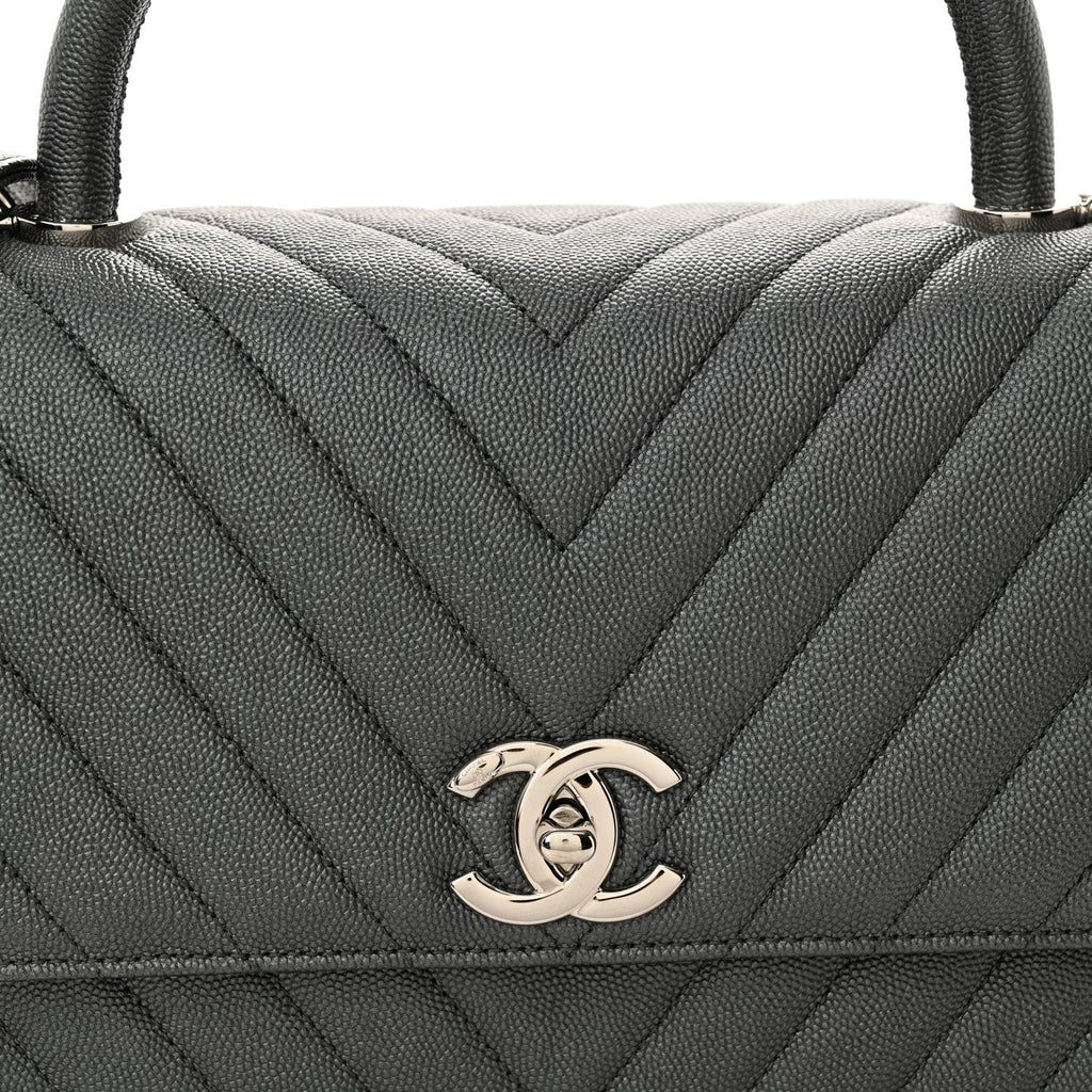 Chanel Metallic Caviar Chevron Quilted Small Coco Handle Flap Dark Silver