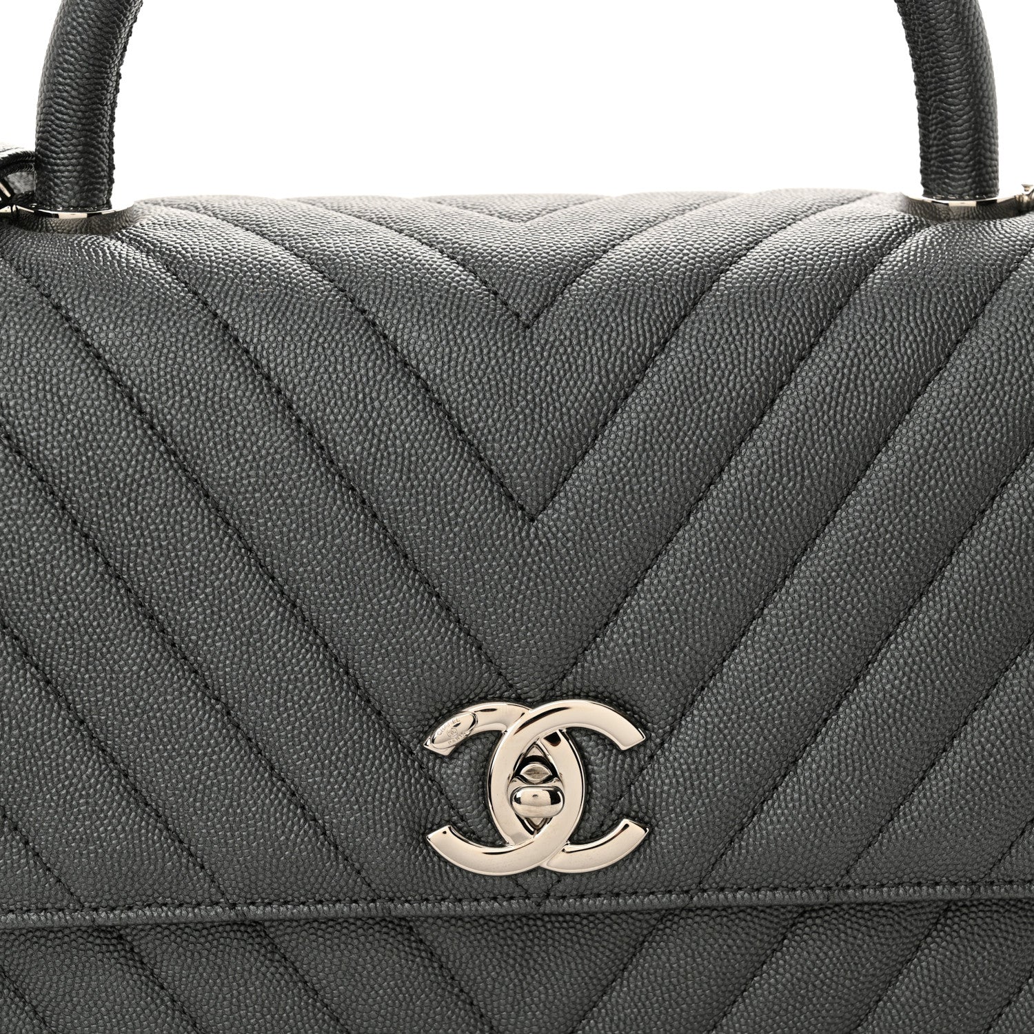 Chanel Metallic Caviar Chevron Quilted Small Coco Handle Flap Dark Silver
