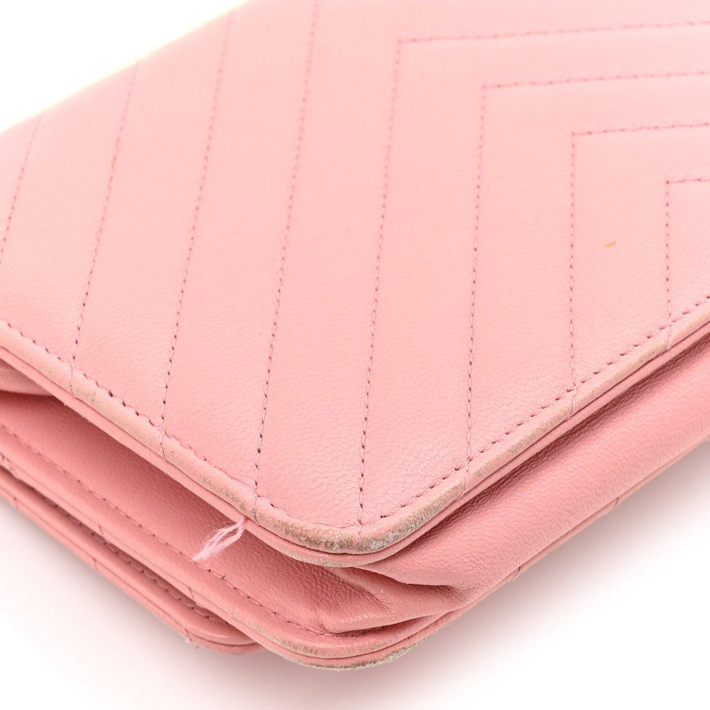Chanel Lambskin Chevron Quilted Trendy CC Wallet On Chain WOC Pink