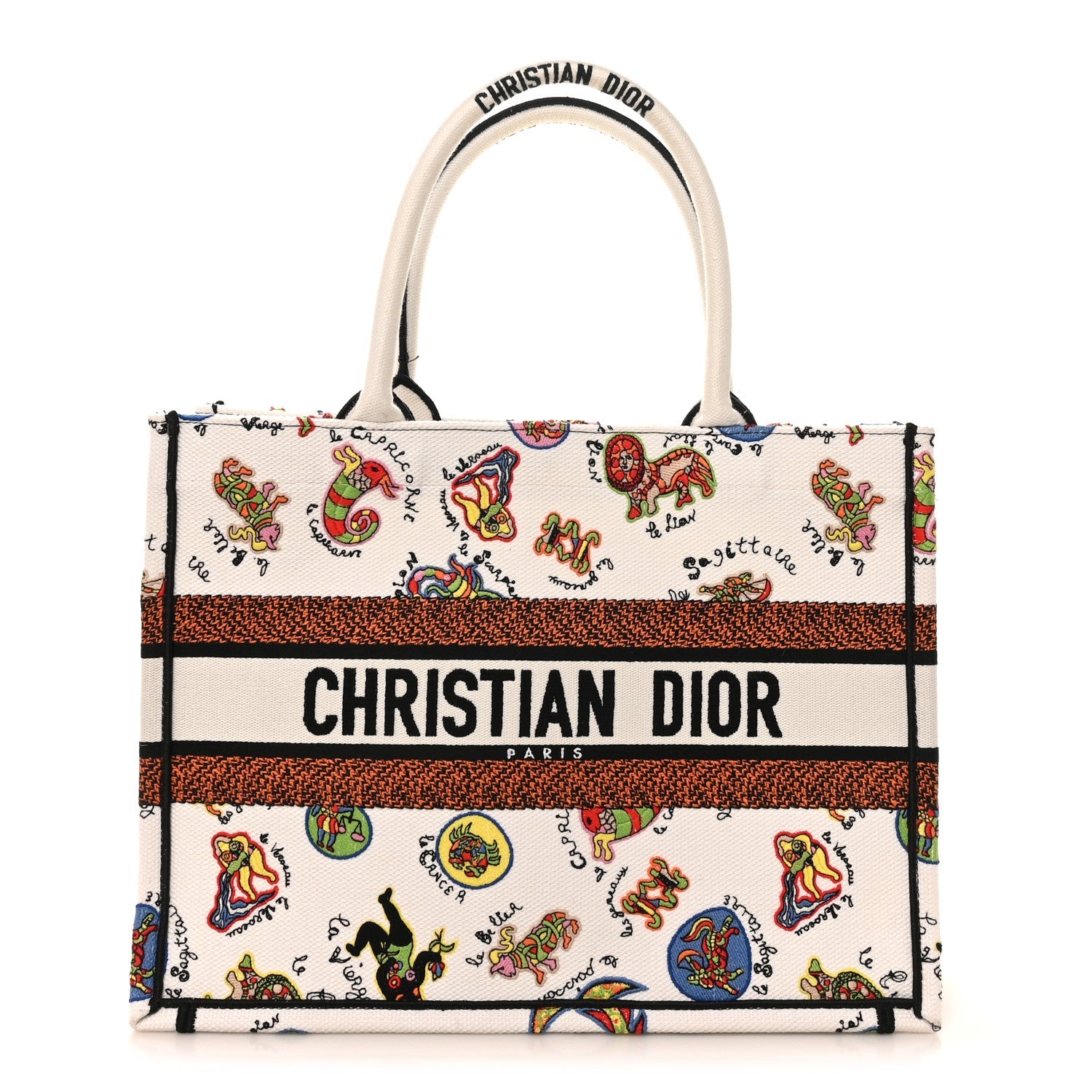 Christian Dior Canvas Embroidered Dragon Zodiac Medium Book Tote White Multicolor