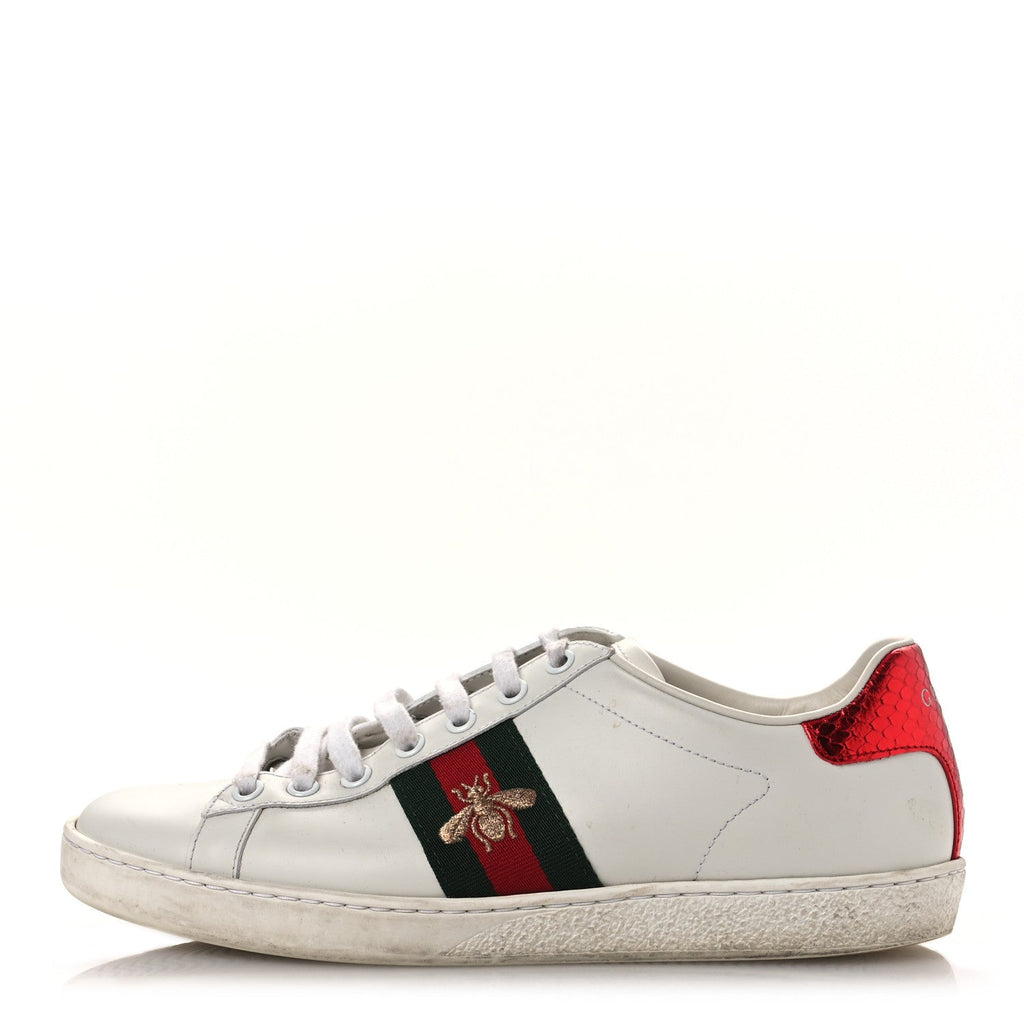 Gucci Calfskin Ayers Bee Embroidered Womens Ace Sneakers 38 White Green
