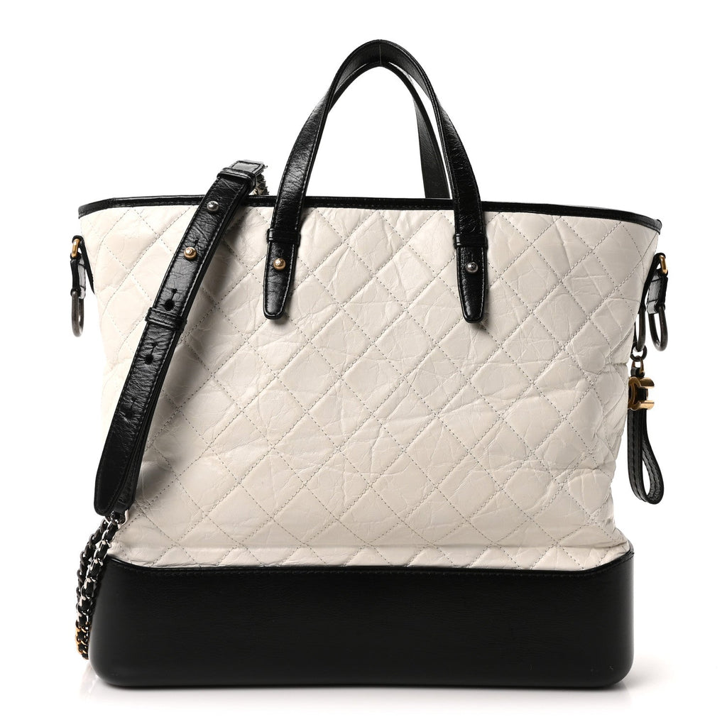 Chanel Aged Calfskin Quilted Large Gabrielle Shopping Tote White Black