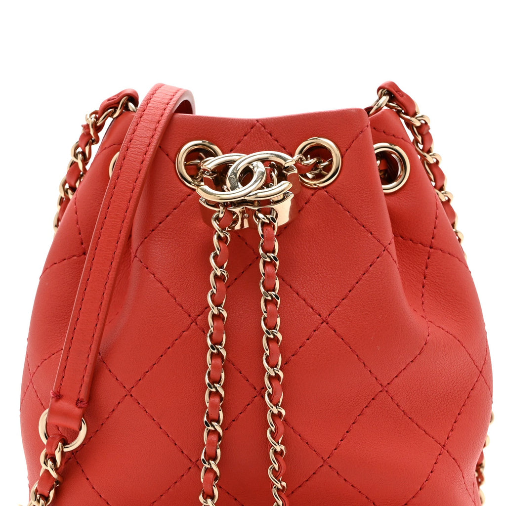 Chanel Calfskin Stitched Chain Bucket Bag Coral