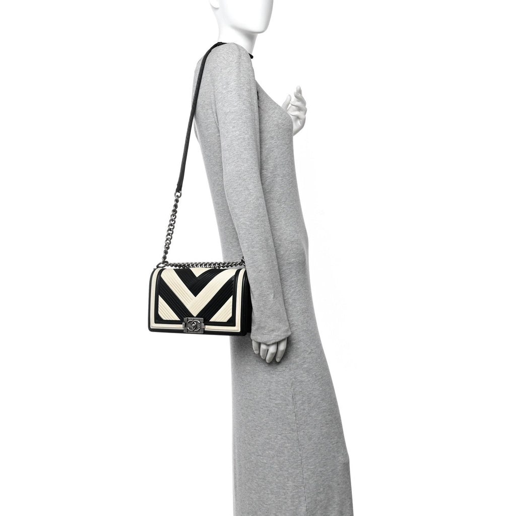 Chanel Calfskin Pleated Medium Boy In Rome Flap Black White