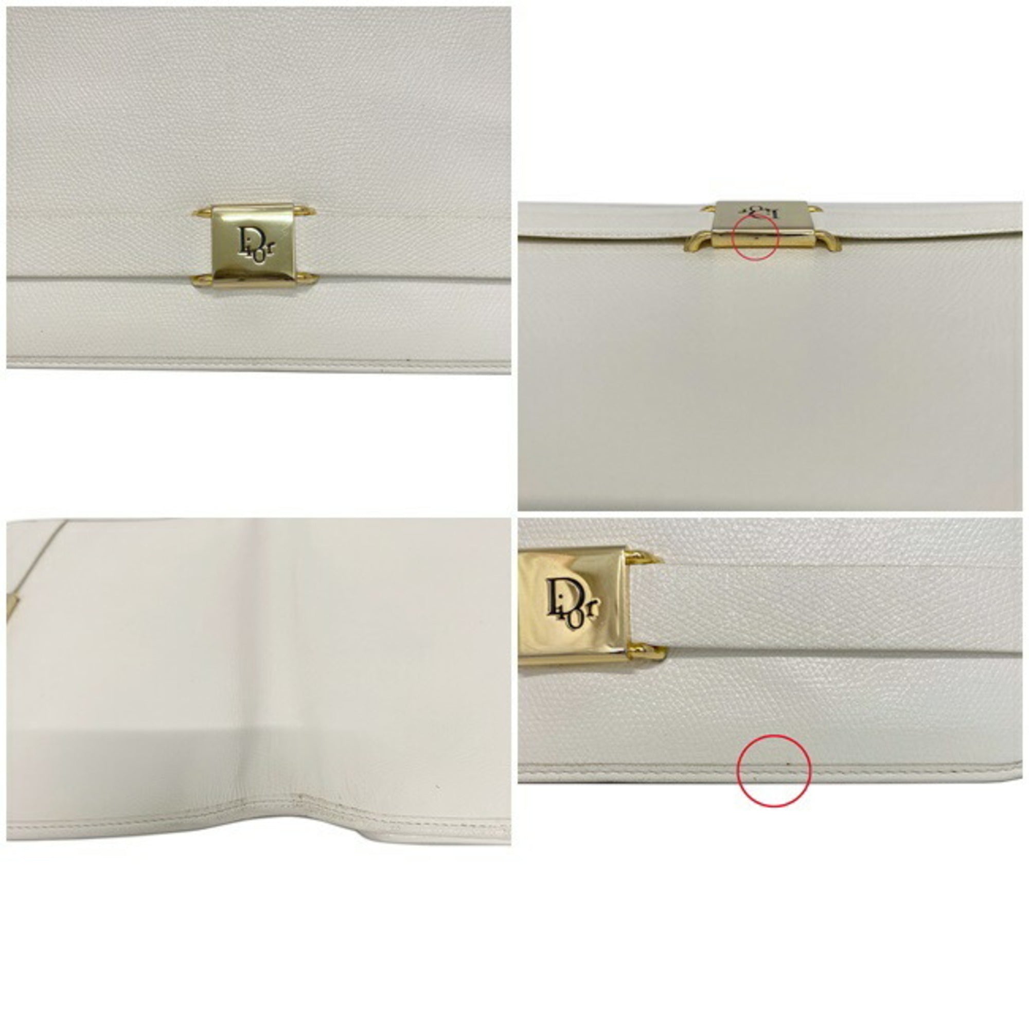 Christian Dior Clutch Bag White Gold Flap Leather Plate Ladies