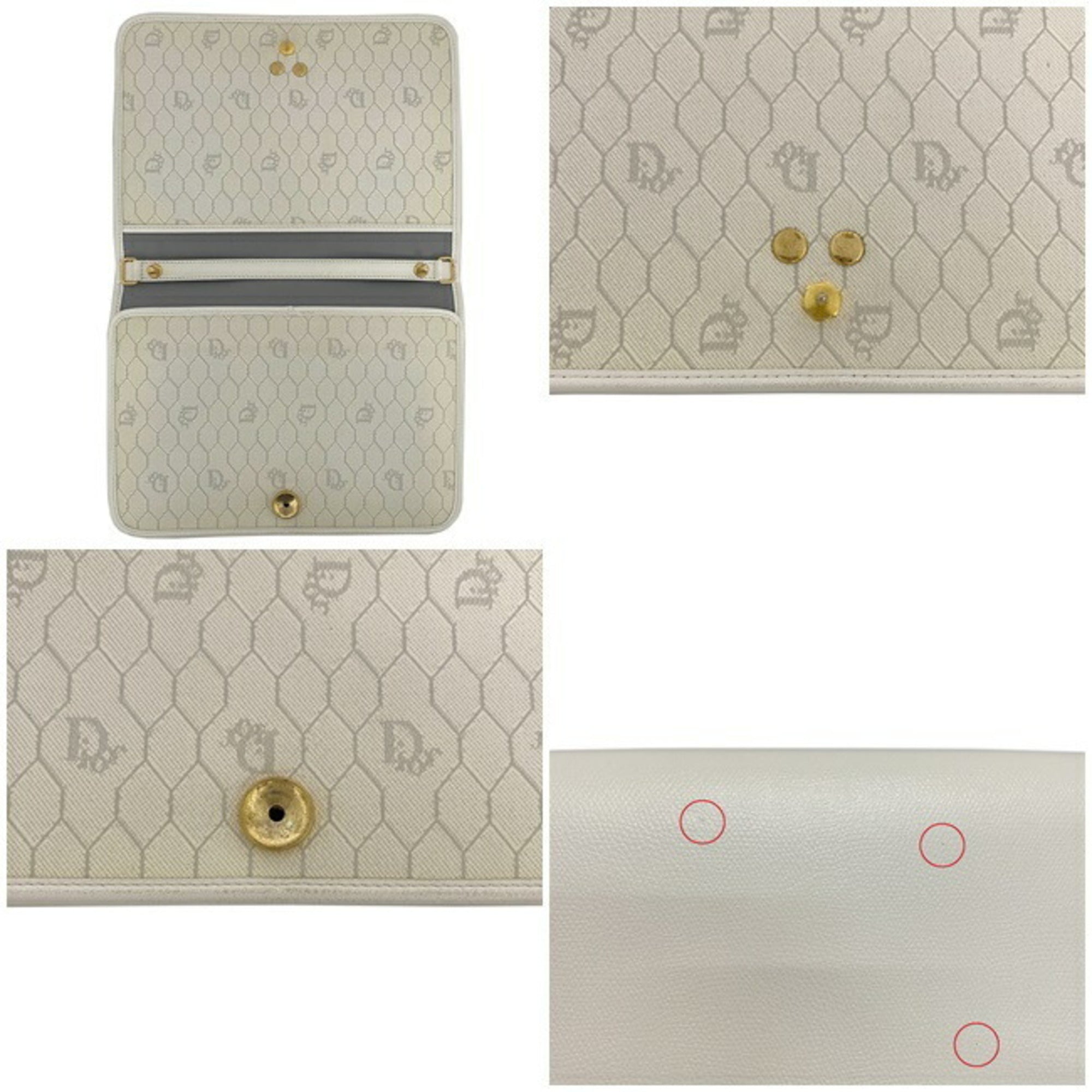 Christian Dior Clutch Bag White Gold Flap Leather Plate Ladies