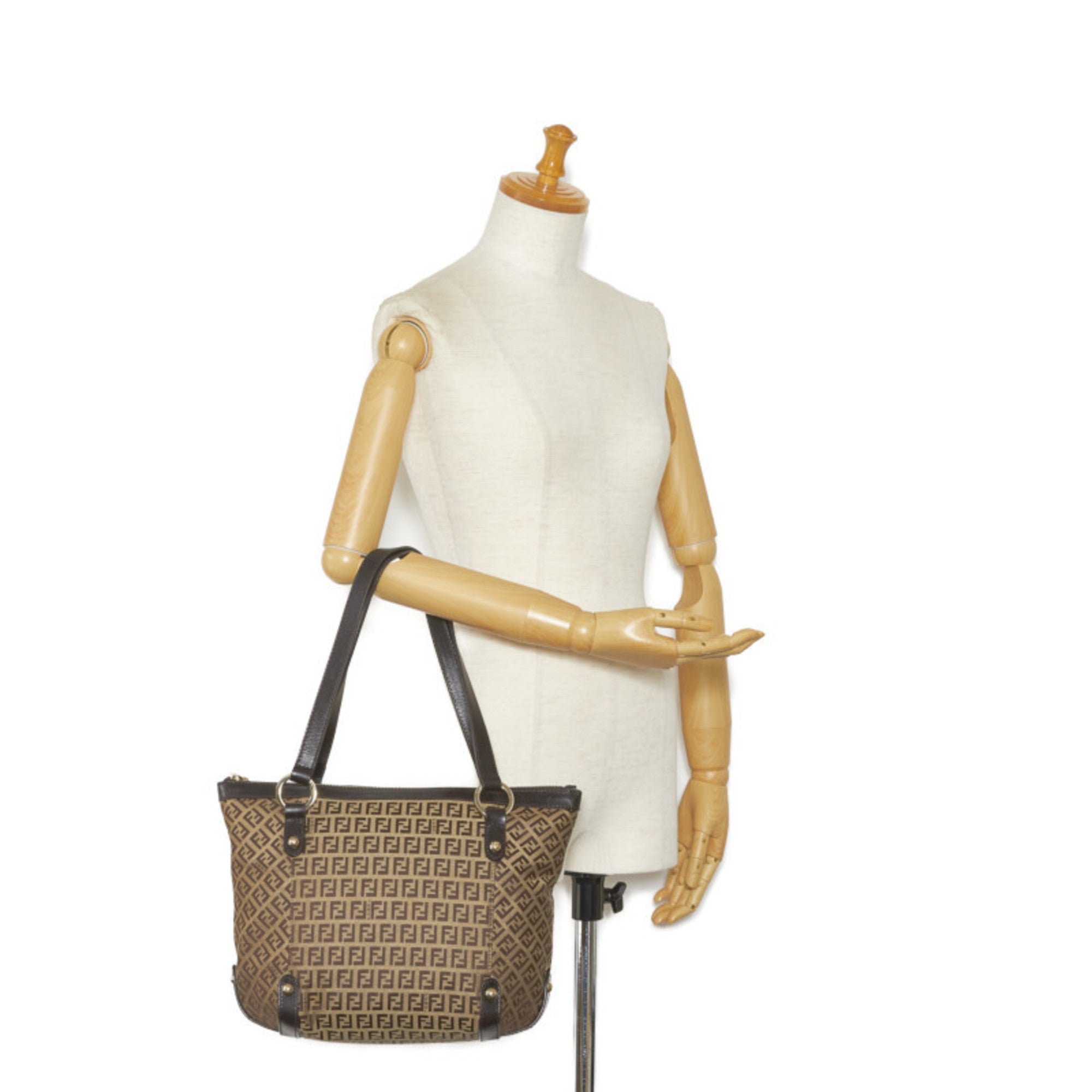 FENDI Zucchino Handbag Tote Bag 8BH196 Beige Brown Canvas Leather Women's