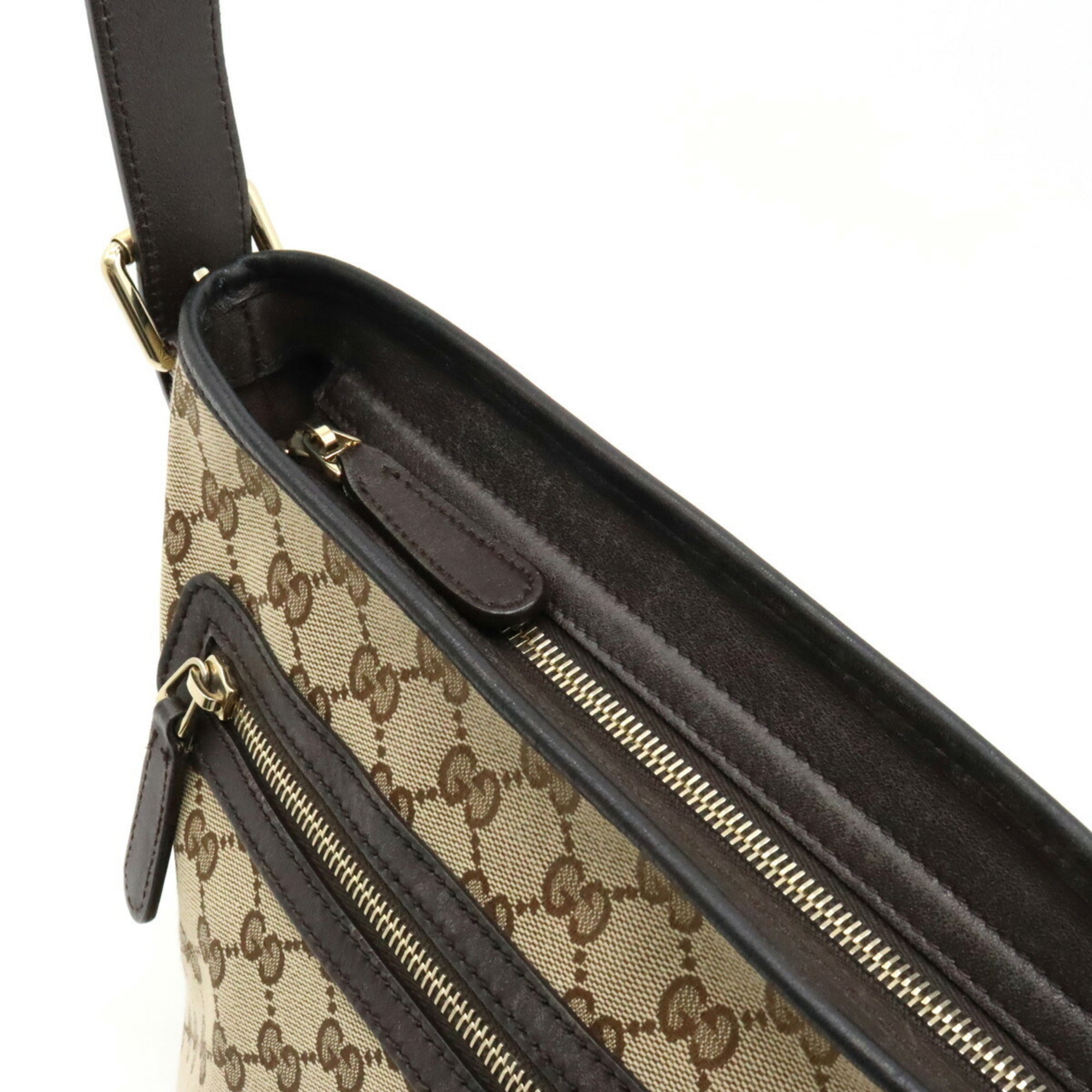 GUCCI GG Canvas Shoulder Bag Leather Khaki Beige Dark Brown 388930