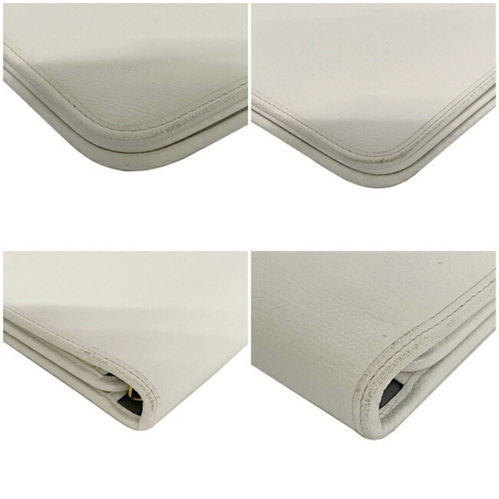 Christian Dior Clutch Bag White Gold Flap Leather Plate Ladies