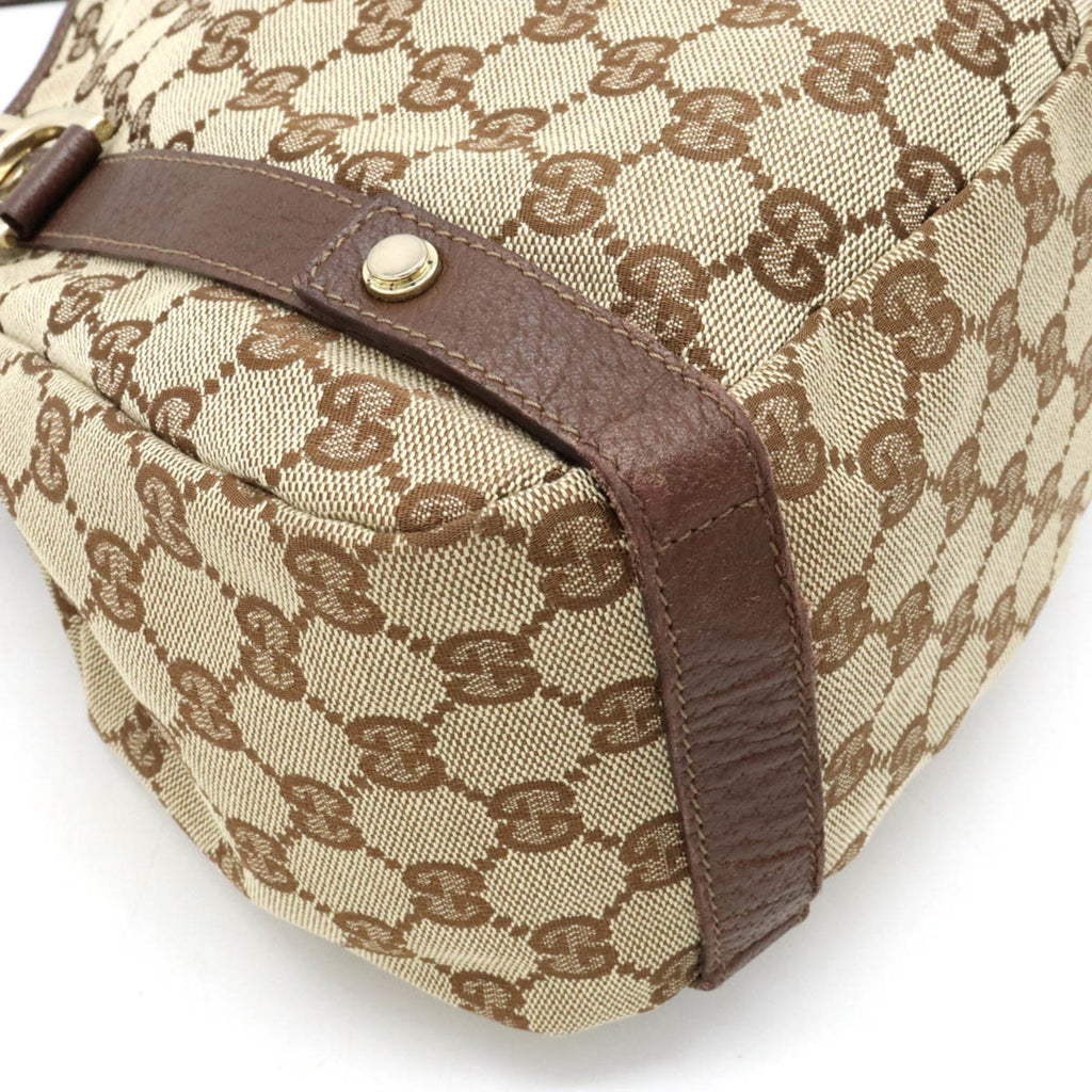 GUCCI GG Canvas Tote Bag Shoulder Leather Khaki Beige Dark Brown 130736