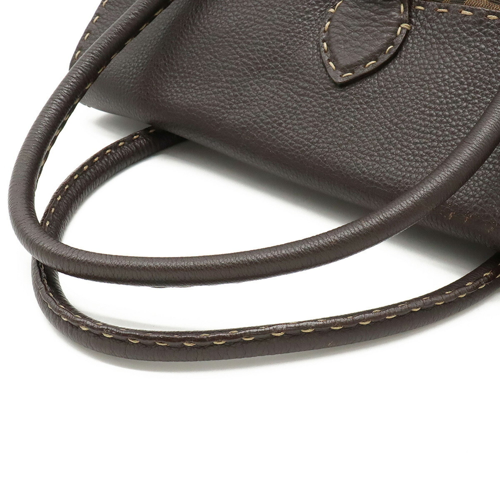 FENDI Zucca Pattern Selleria Linda Bag Handbag Canvas Leather Khaki Brown Dark 8BR449