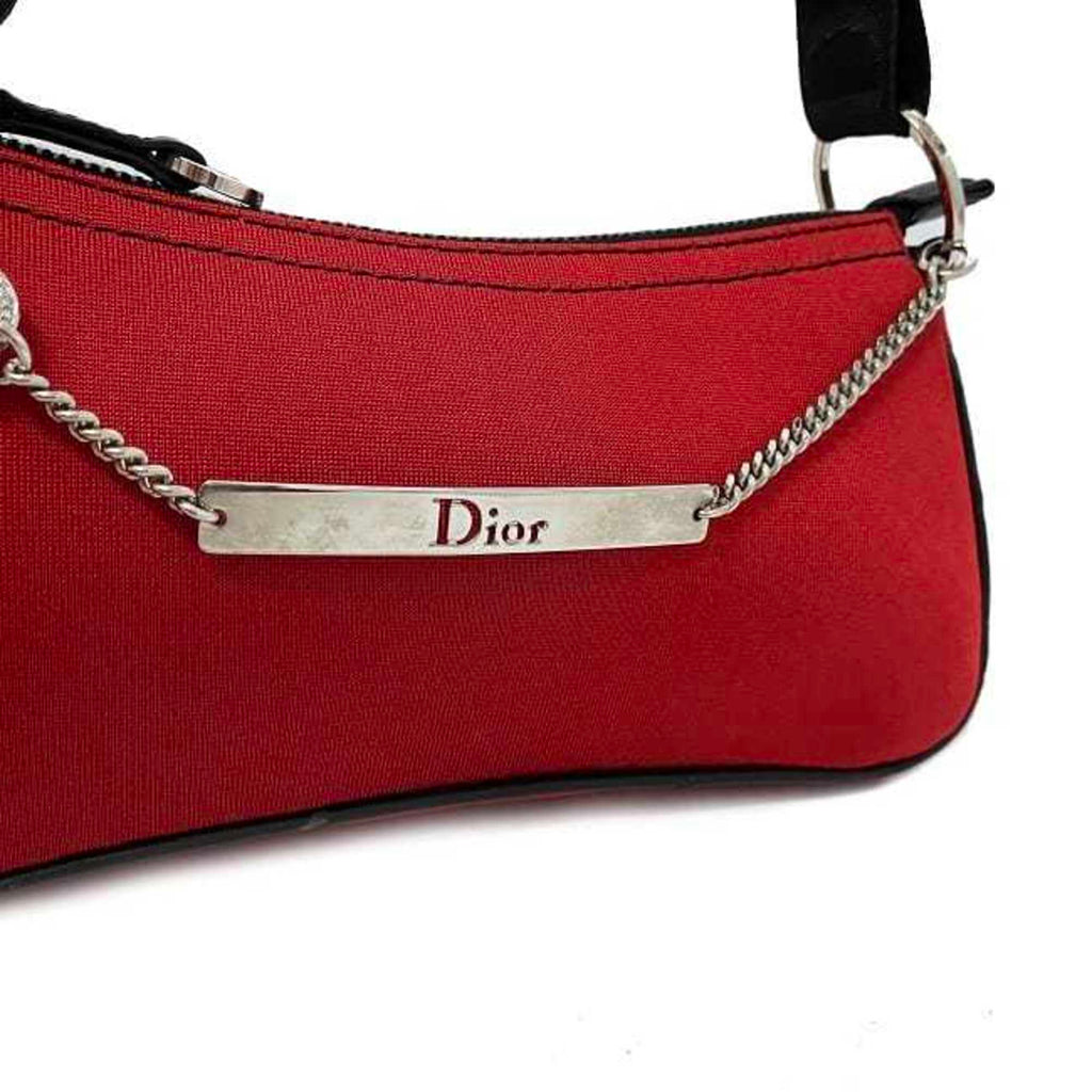 CHRISTIAN DIOR Red Black Silver 01-MA-1003 Rhinestone Satin Canvas Leather Chain