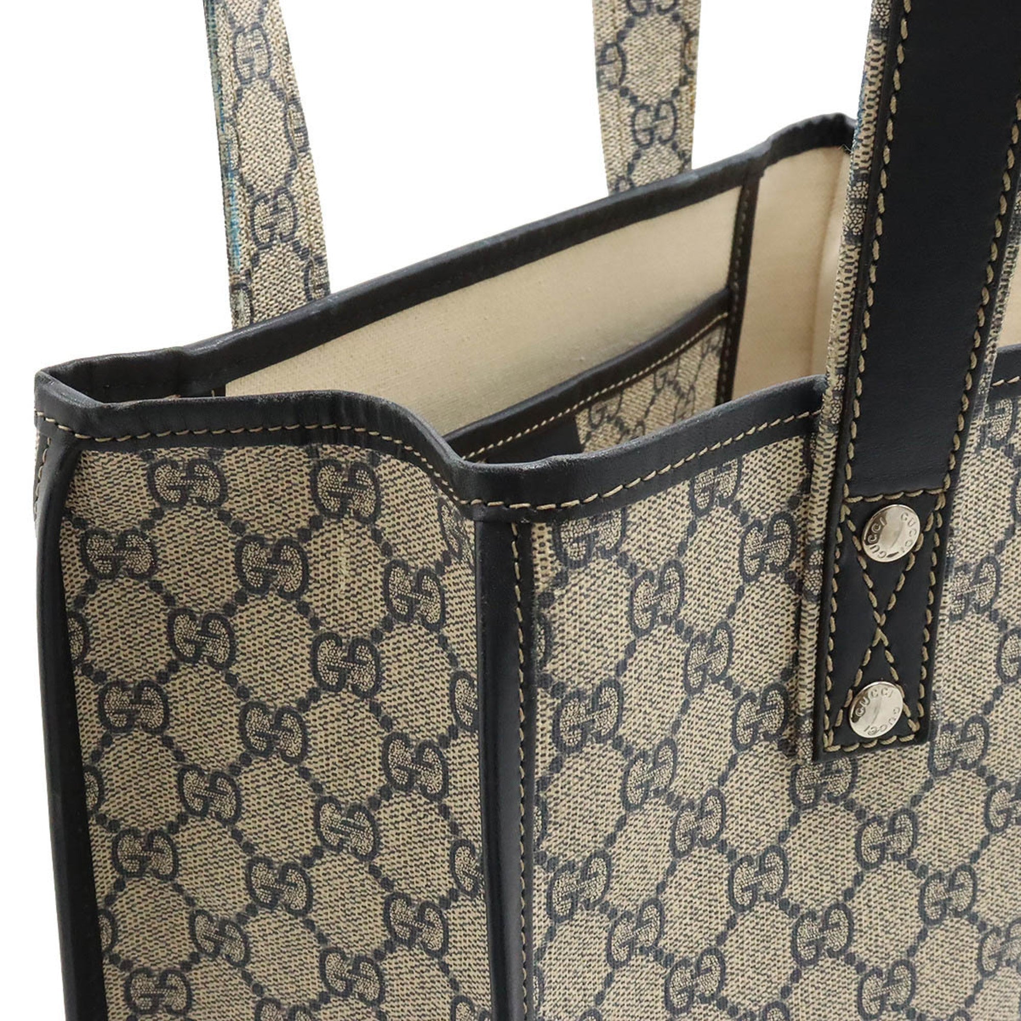 GUCCI GG Supreme Plus Sherry Line Tote Bag Shoulder PVC Leather Beige Navy 211135