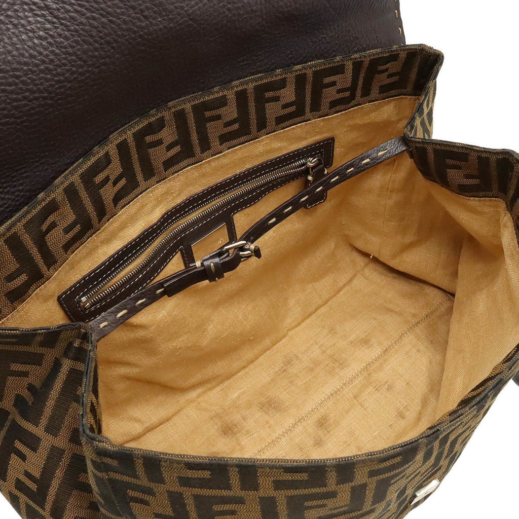 FENDI Zucca Pattern Selleria Linda Bag Handbag Canvas Leather Khaki Brown Dark 8BR449