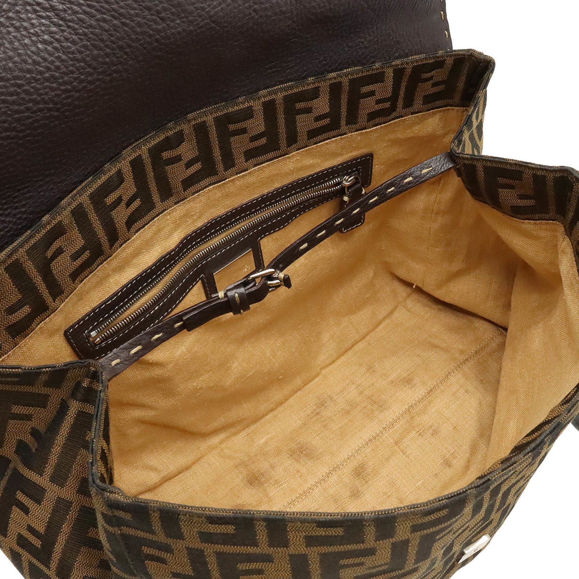 FENDI Zucca Pattern Selleria Linda Bag Handbag Canvas Leather Khaki Brown Dark 8BR449