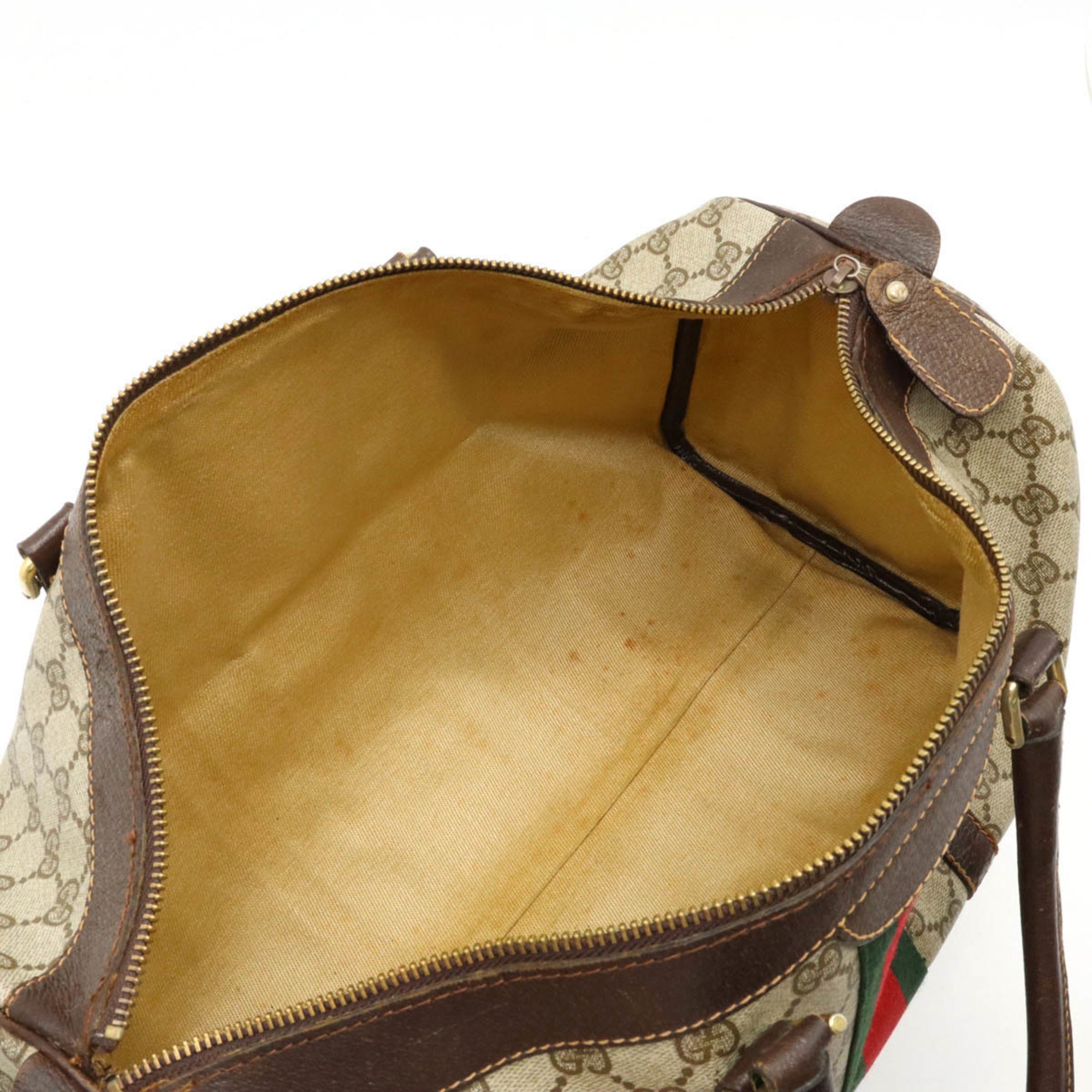 GUCCI Old Sherry Line Handbag Boston Bag Coated Canvas Leather Beige Dark Brown