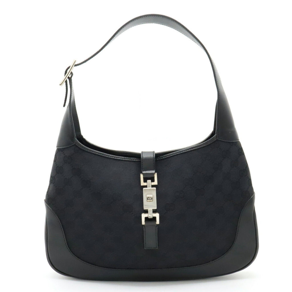 GUCCI GG Canvas Jackie Line Shoulder Bag Leather Black 001.3306.3444