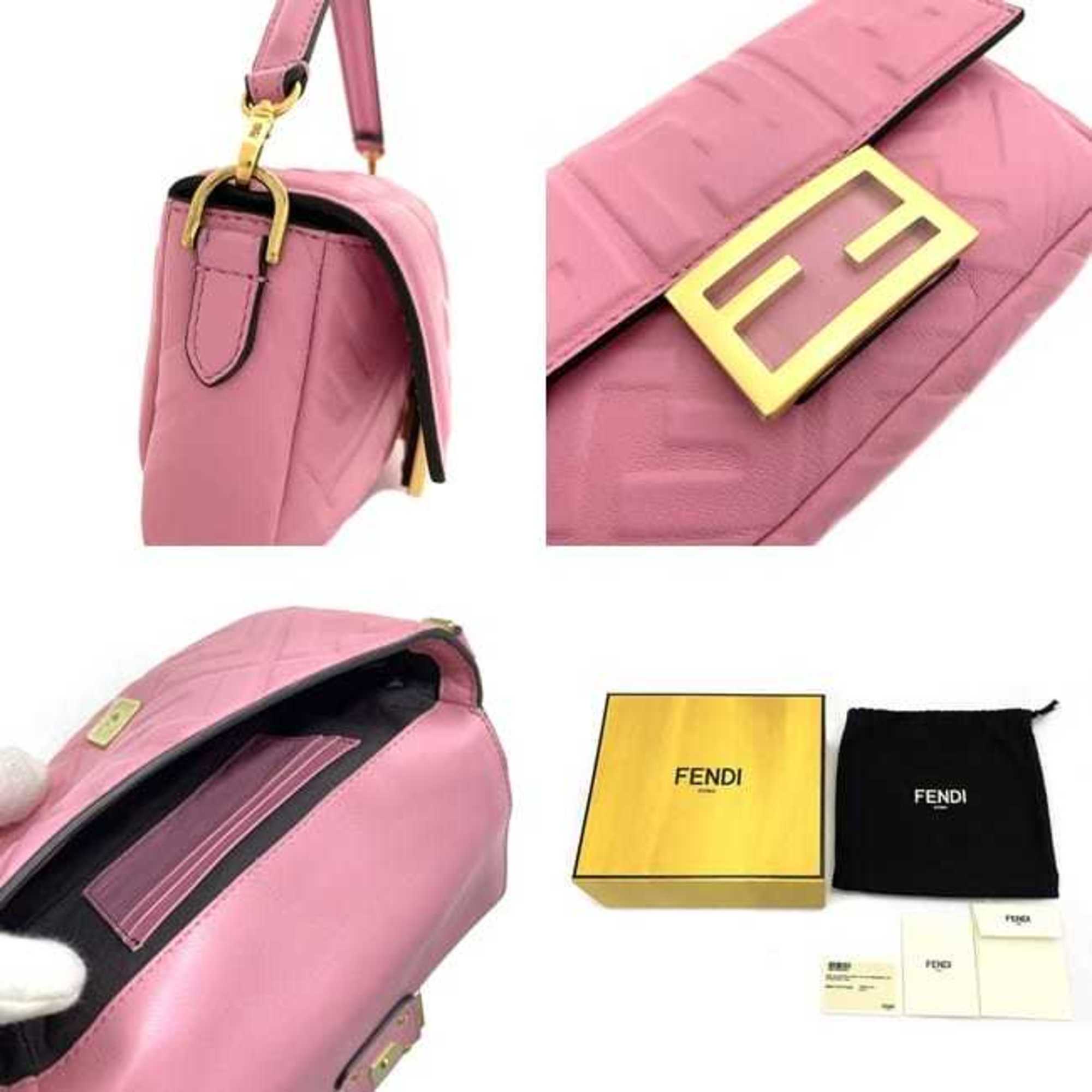 FENDI Baguette Small Pink Gold 8BS017 Leather GP  Shoulder Bag FF Embossed Ladies Chain