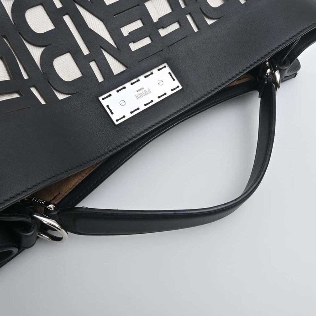 FENDI Leather Canvas Peekaboo X-Rite Shoulder Bag 7V47 Black Natural Ladies