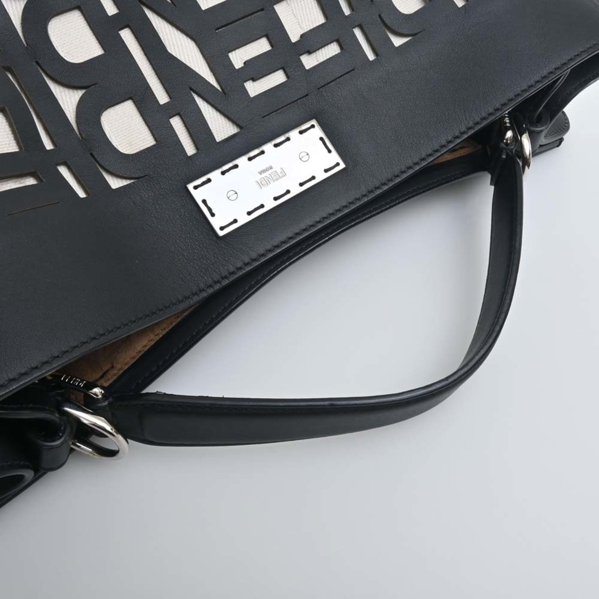 FENDI Leather Canvas Peekaboo X-Rite Shoulder Bag 7V47 Black Natural Ladies