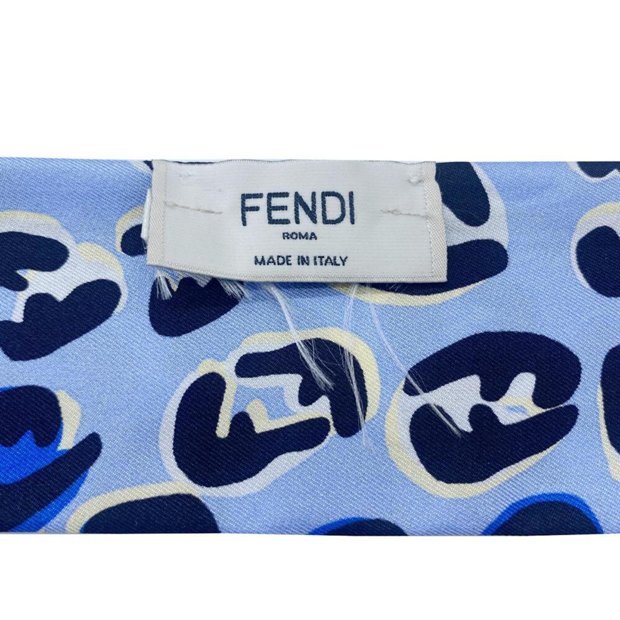 FENDI Twilly Rappy Reversible Silk Scarf Blue Leopard Print Logo Women's