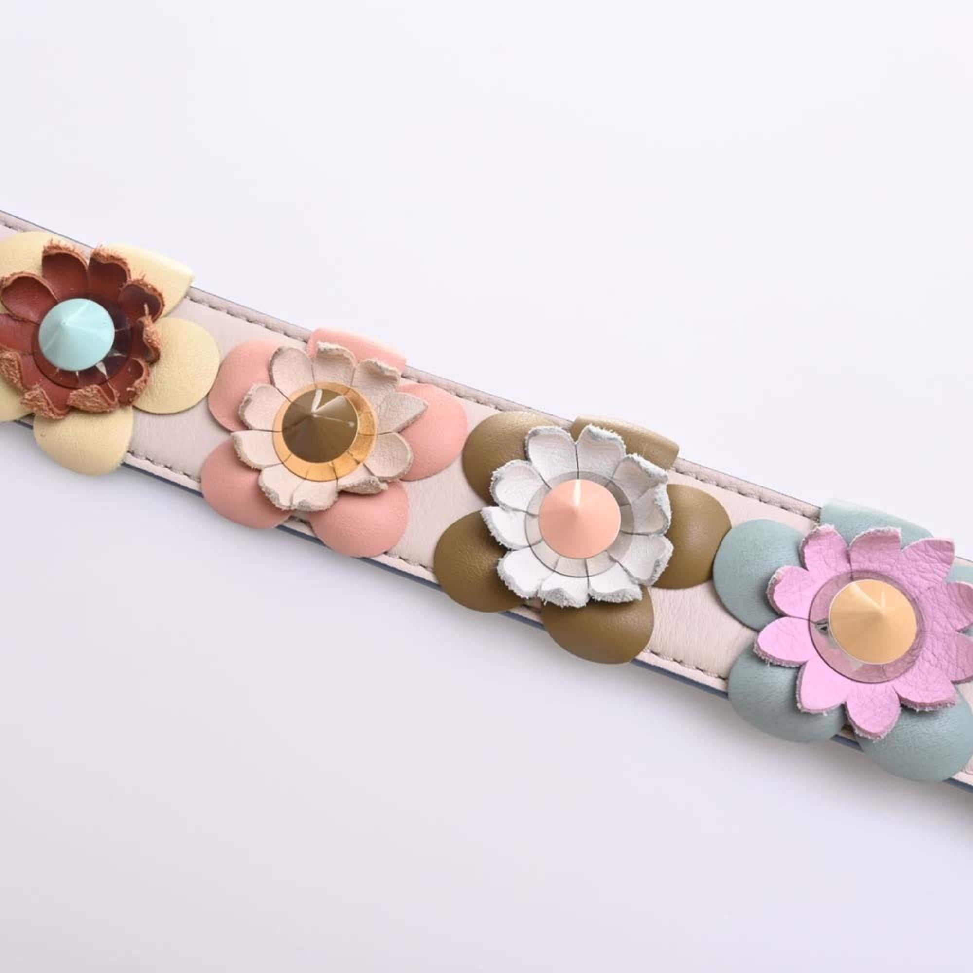 FENDI Leather Strap You Flower Studded Shoulder Beige/Multicolor Ladies