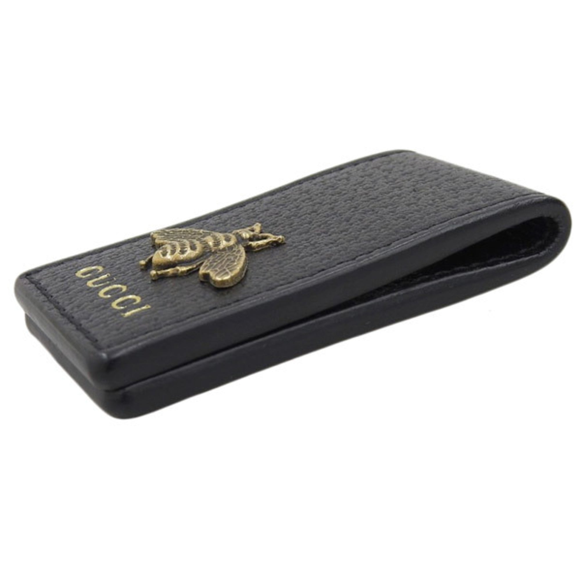 GUCCI Leather Bee Money Clip Black Men's