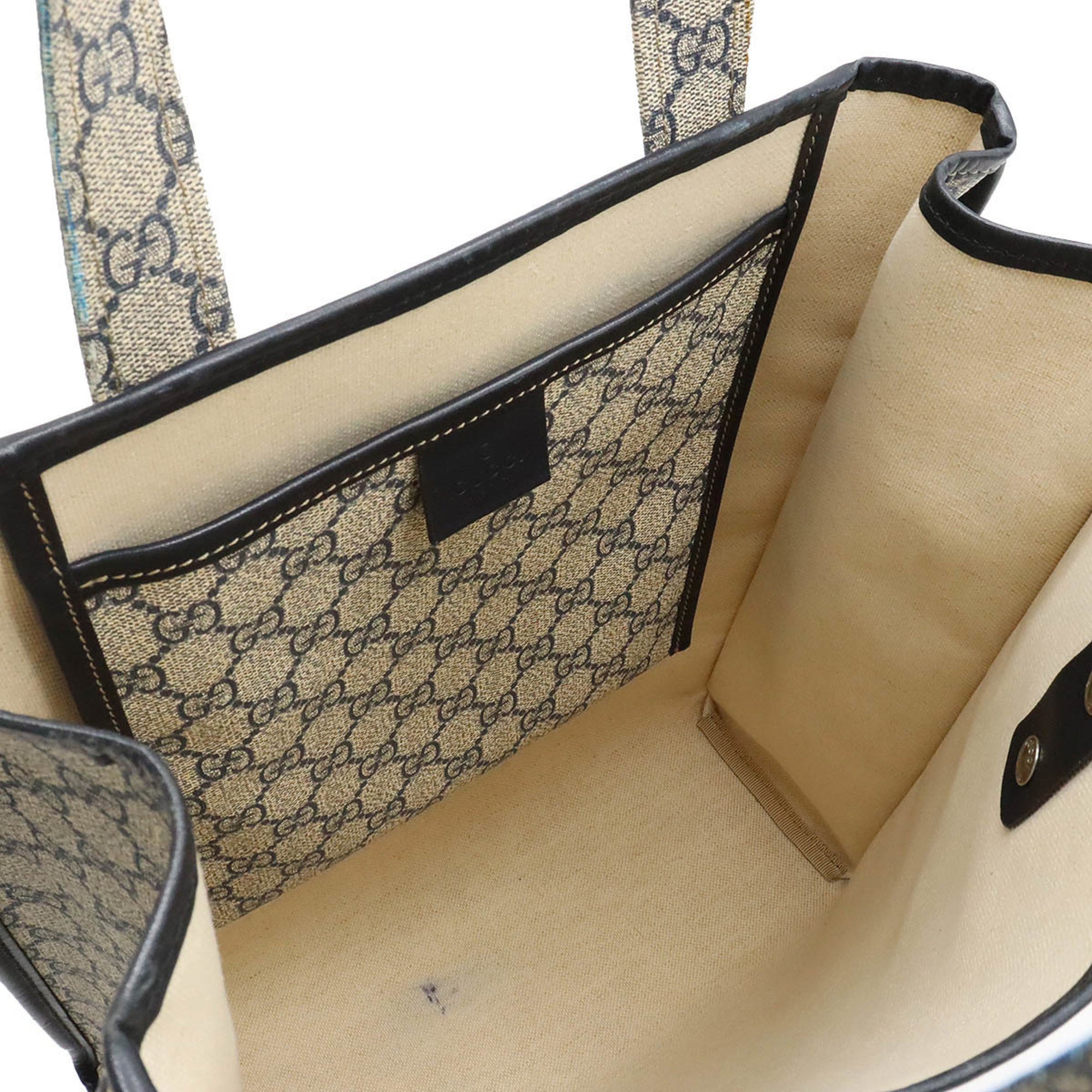 GUCCI GG Supreme Plus Sherry Line Tote Bag Shoulder PVC Leather Beige Navy 211135