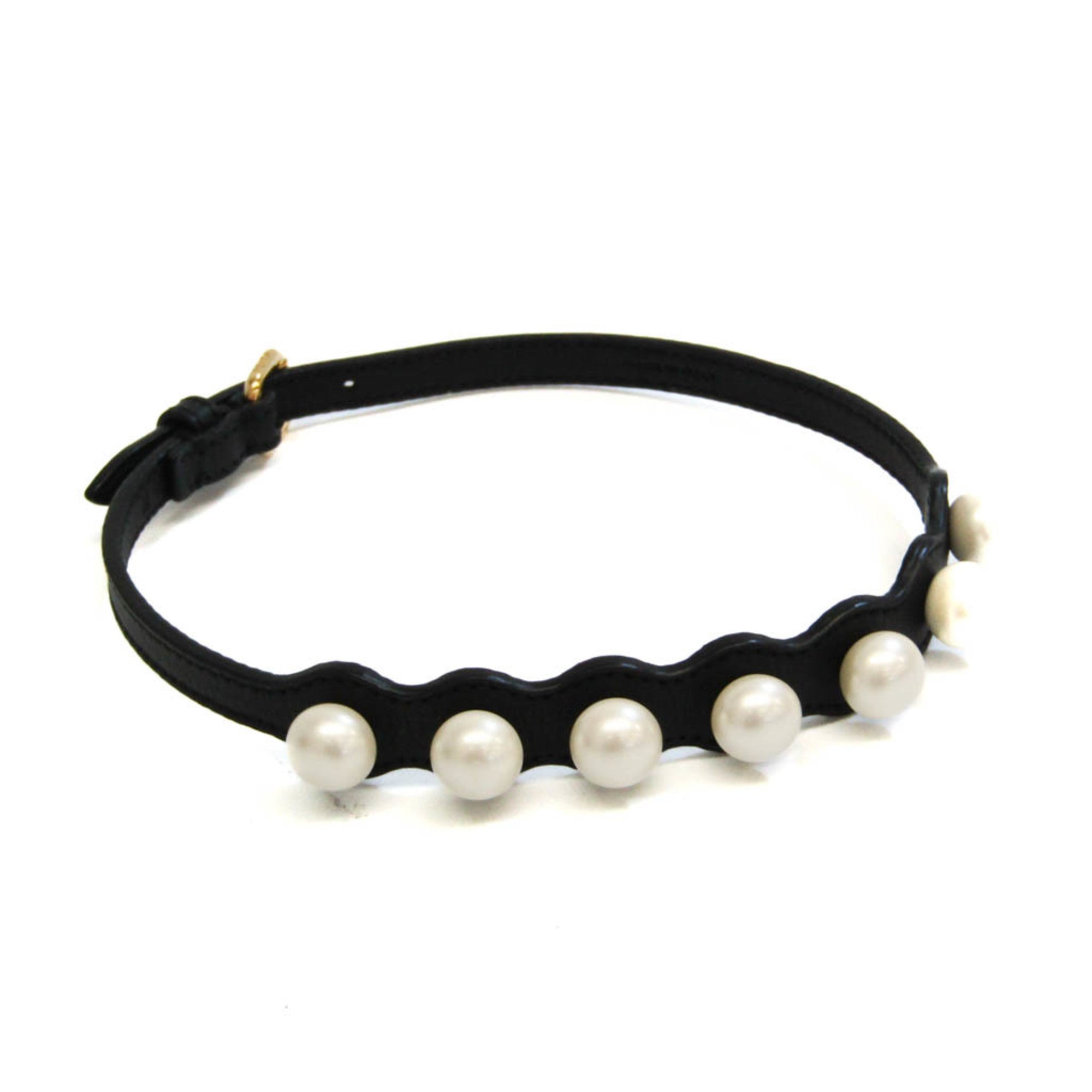 FENDI Faux Pearl Choker Leather,Metal Bangle Black,Gold