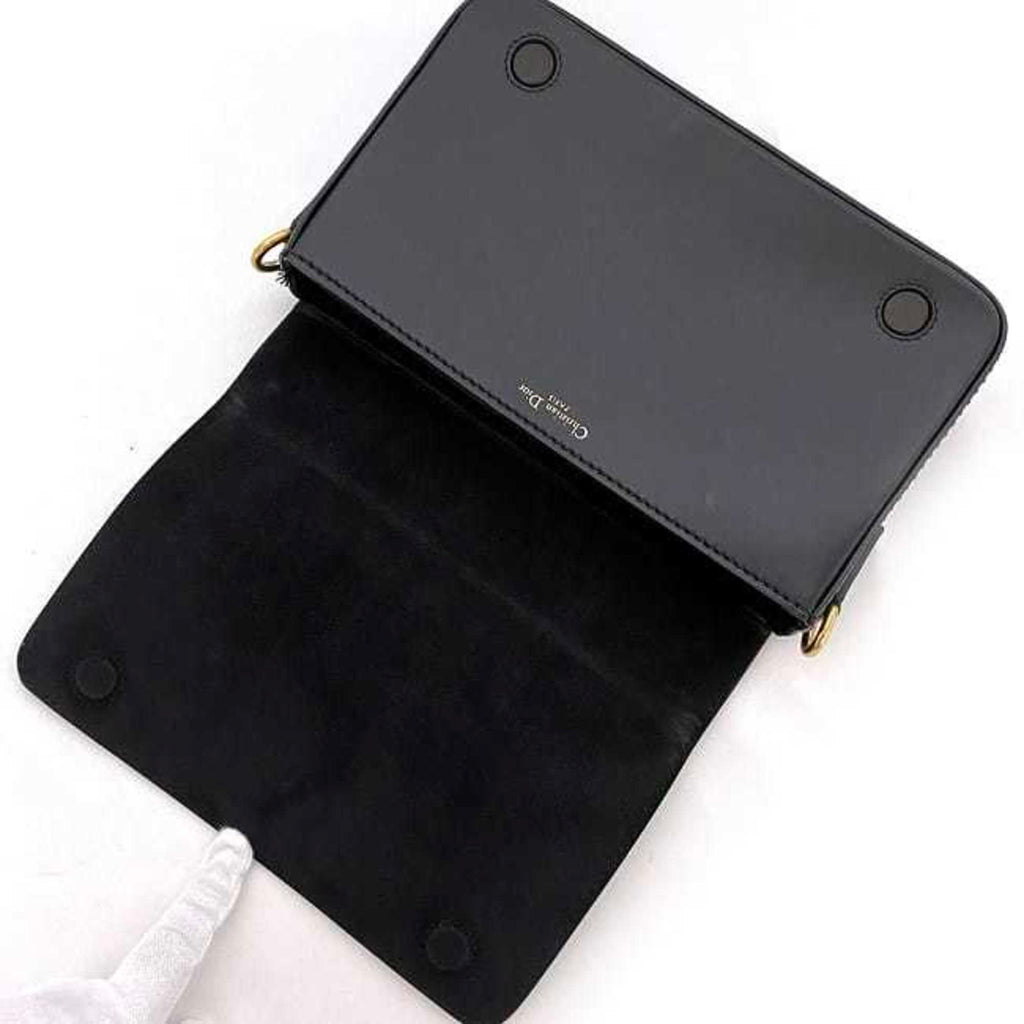 CHRISTIAN DIOR Clutch Bag Black Gold J'ADIOR Leather Handbag Flap Strap
