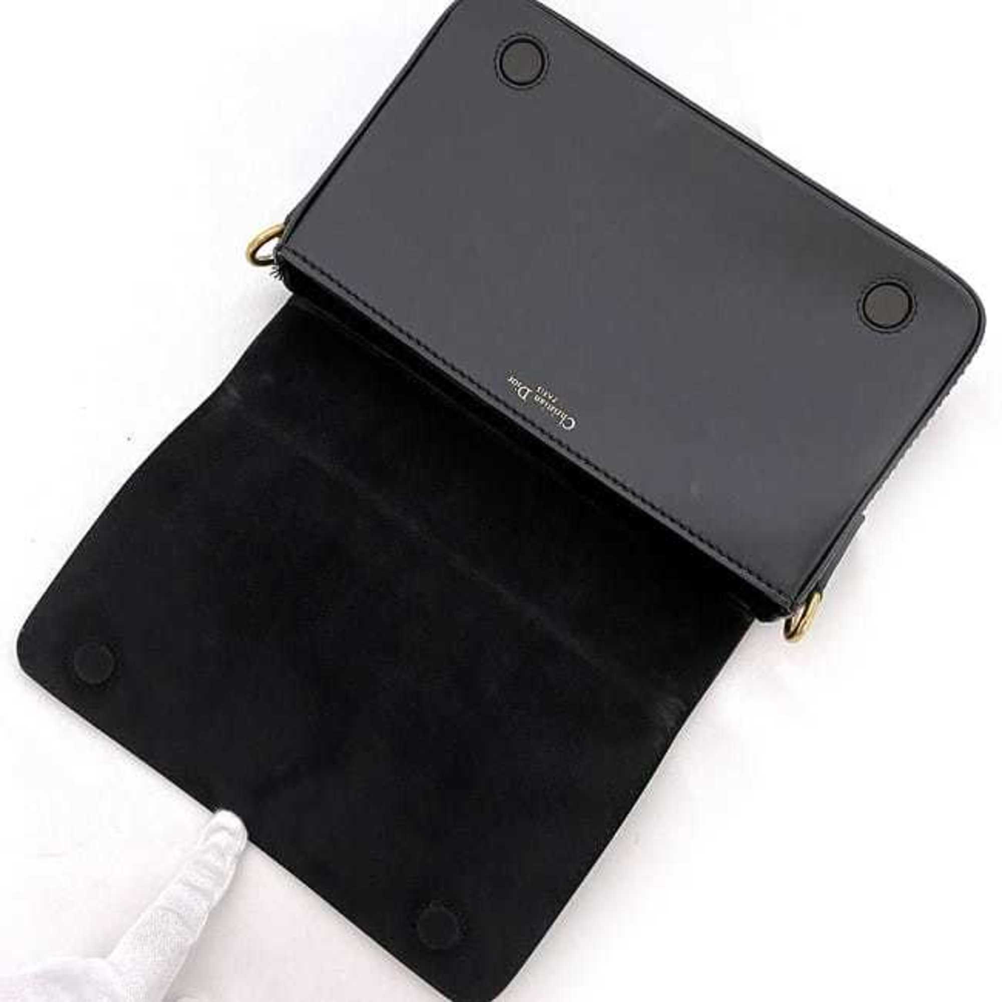 CHRISTIAN DIOR Clutch Bag Black Gold J'ADIOR Leather Handbag Flap Strap