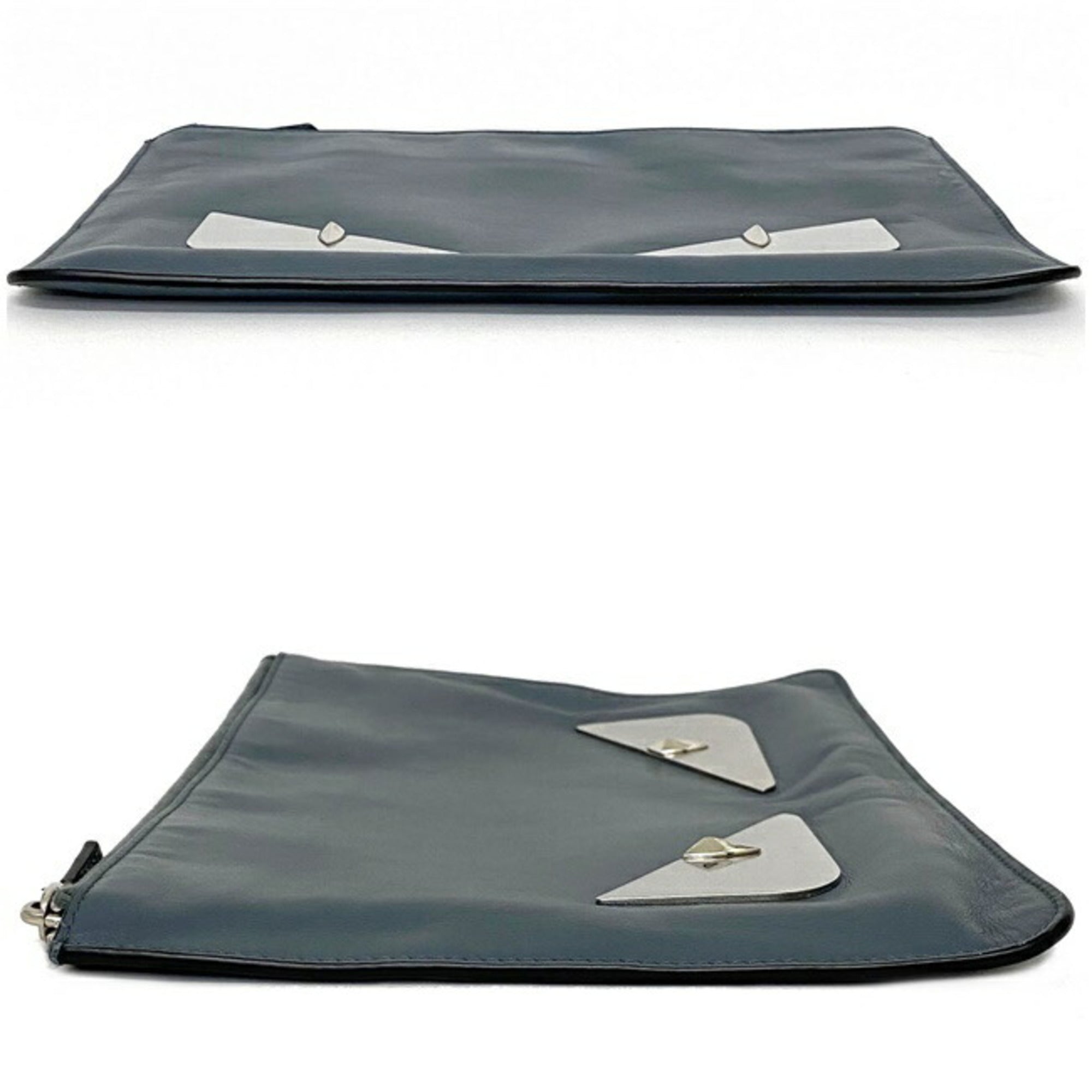 Fendi Clutch Bag Gray Silver Mon 7N0078 Plate Pouch Second Leather FENDI Women's Men's Dual