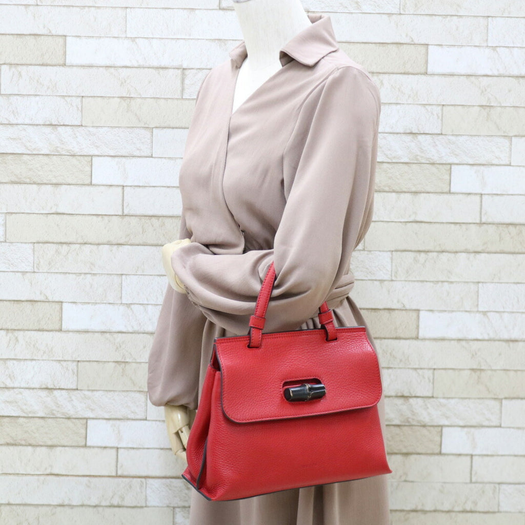 Gucci Shoulder Bag Bamboo Handbag Red Women's Leather