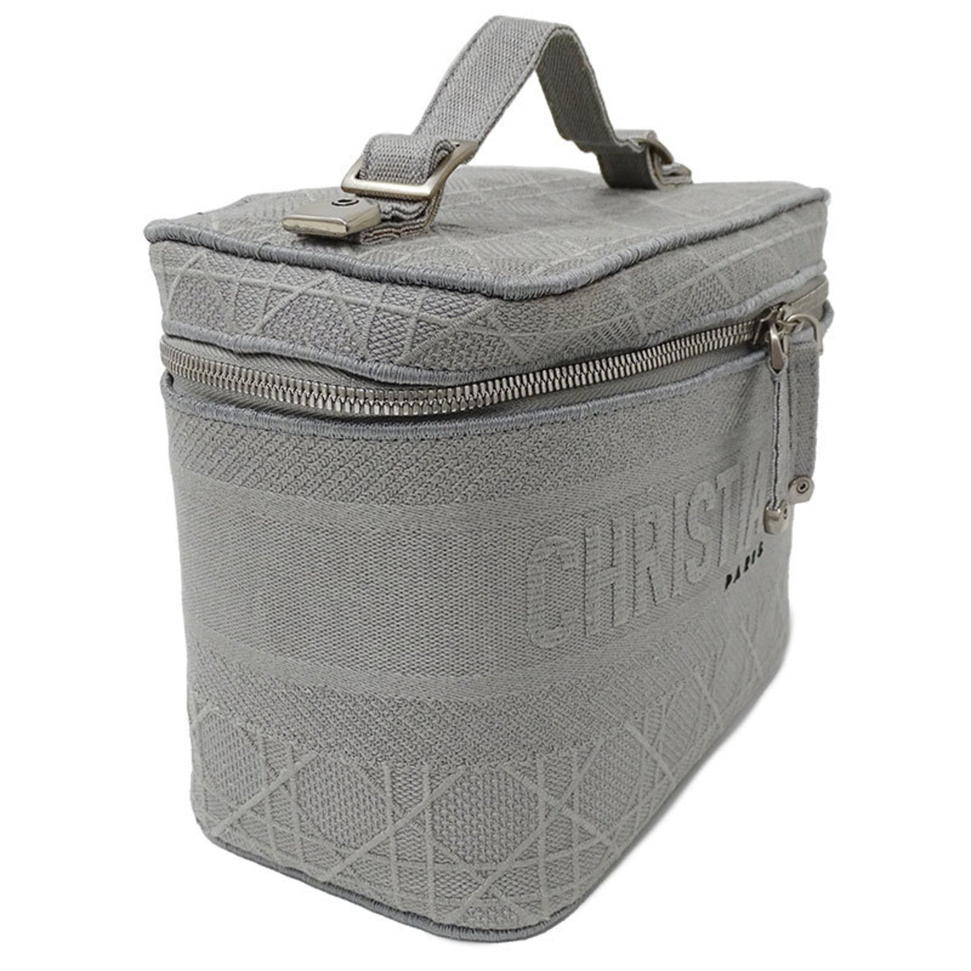 CHRISTIAN DIOR Bag Women's Canvas Vanity Handbag Gray Canage Embroidered Makeup Storage