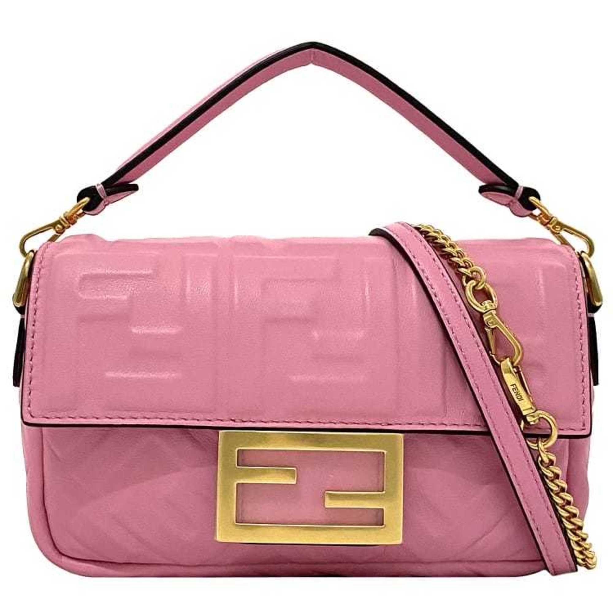 FENDI Baguette Small Pink Gold 8BS017 Leather GP  Shoulder Bag FF Embossed Ladies Chain