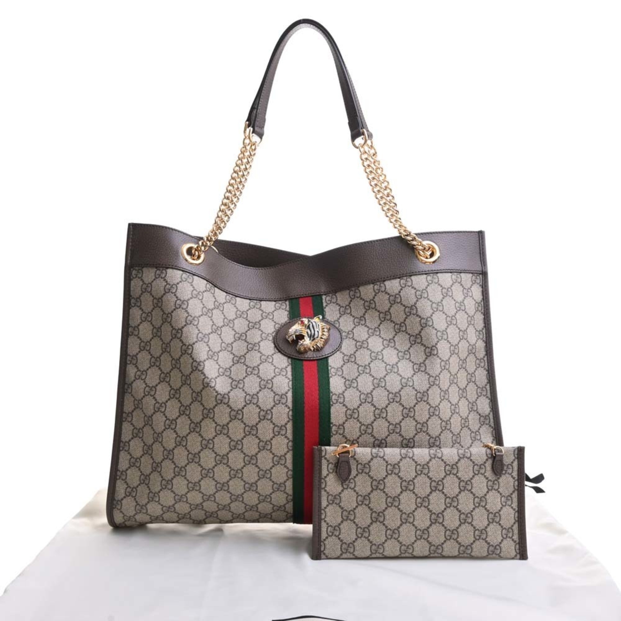 GUCCI Rajah GG Supreme Leather Large Chain Shoulder Bag 537219 Beige Brown Women's