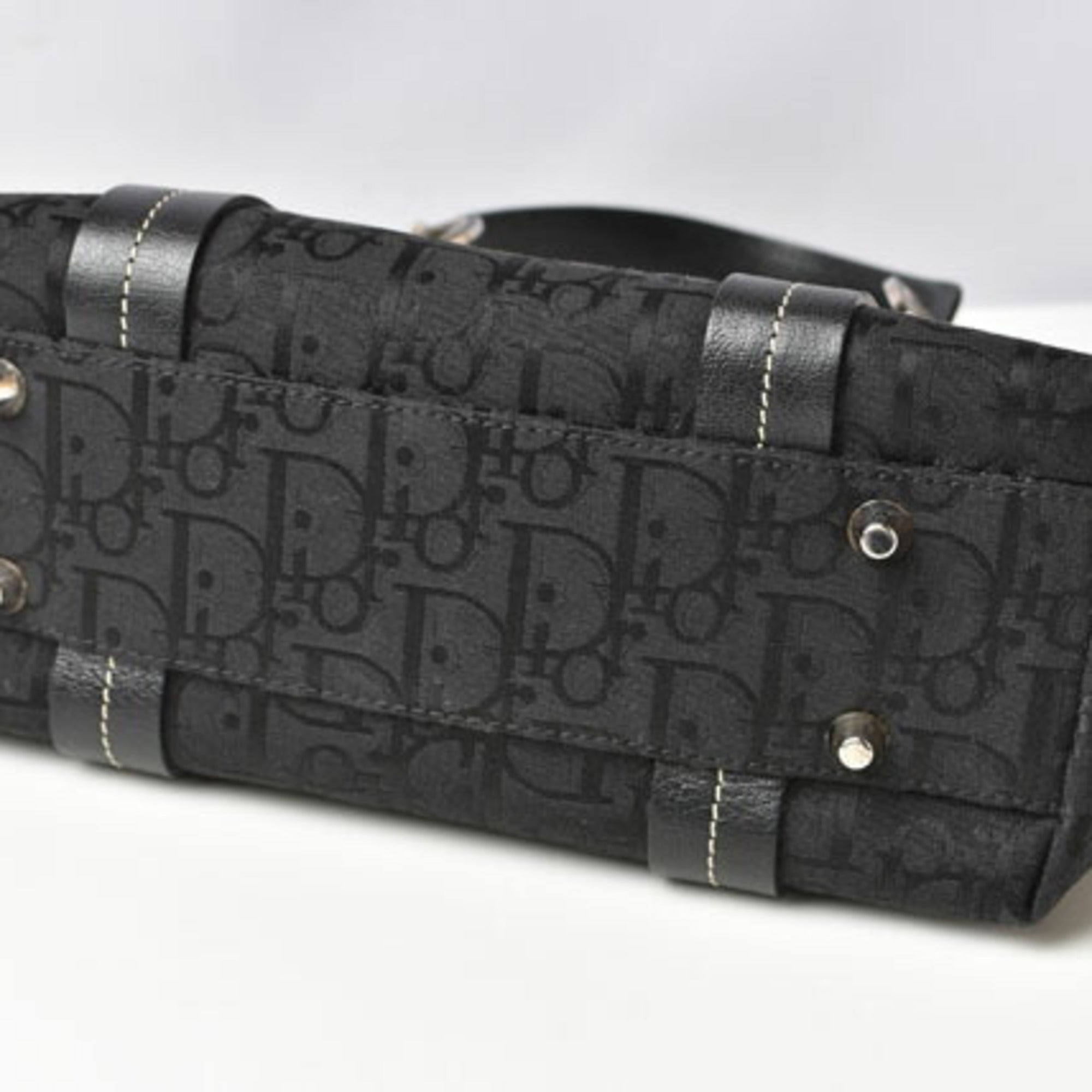 CHRISTIAN DIOR Tote Bag Embroidered Trotter Flower Embroidery Black