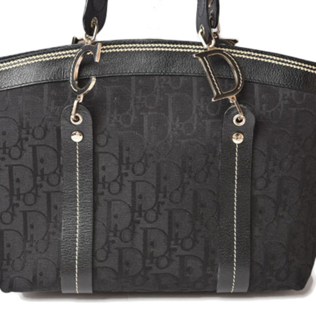 CHRISTIAN DIOR Tote Bag Embroidered Trotter Flower Embroidery Black