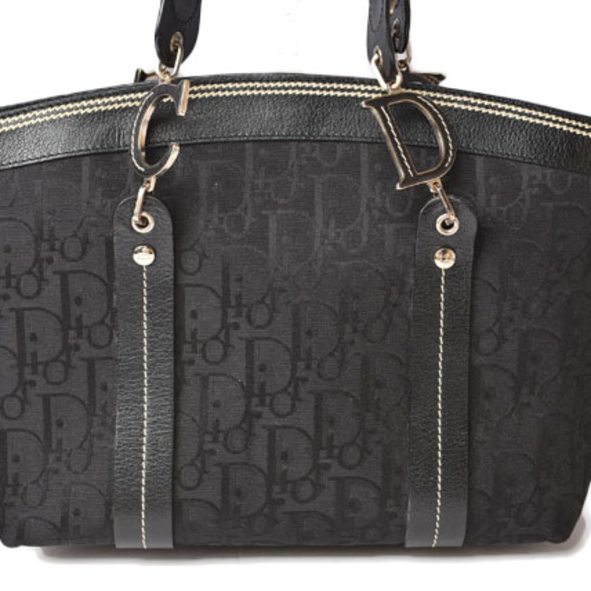 CHRISTIAN DIOR Tote Bag Embroidered Trotter Flower Embroidery Black