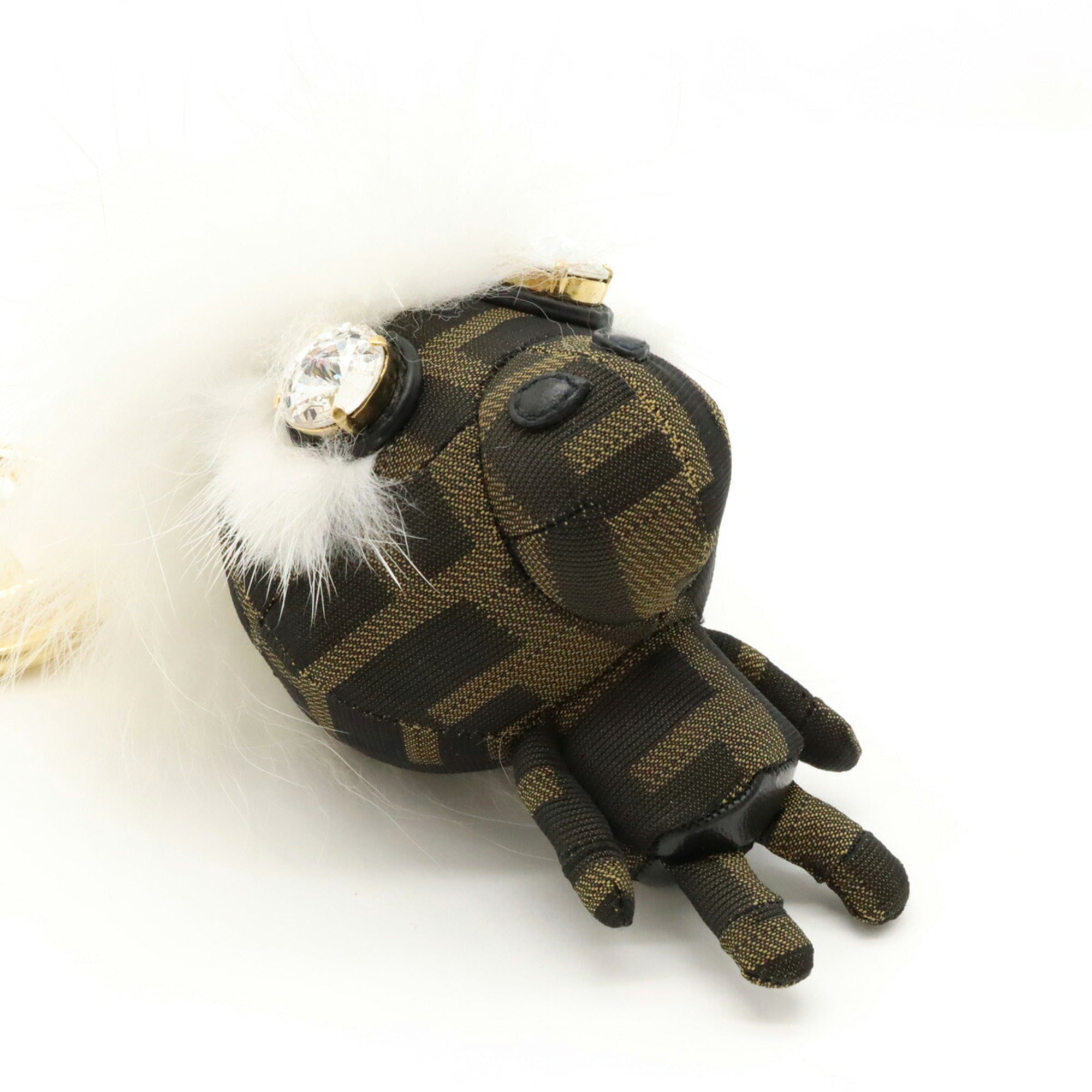 FENDI Zucca Space Monkey Bag Charm Key Holder Nylon Canvas Fur Khaki Dark Brown